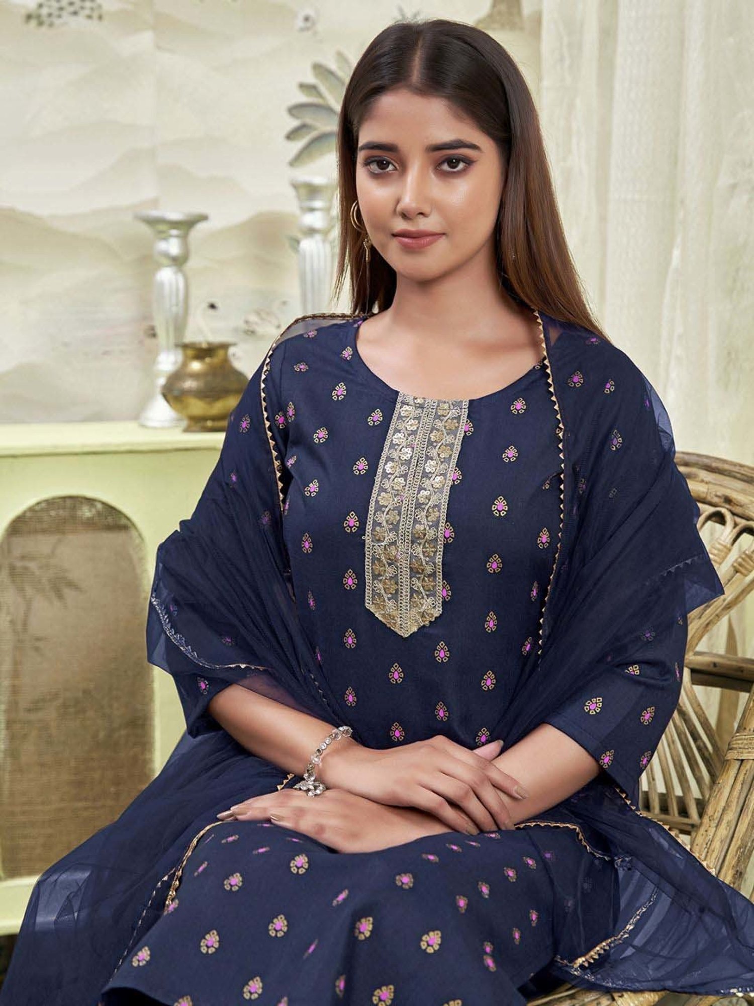 Skylee Navy Cotton Embroidered Kurta Pant Set With Dupatta
