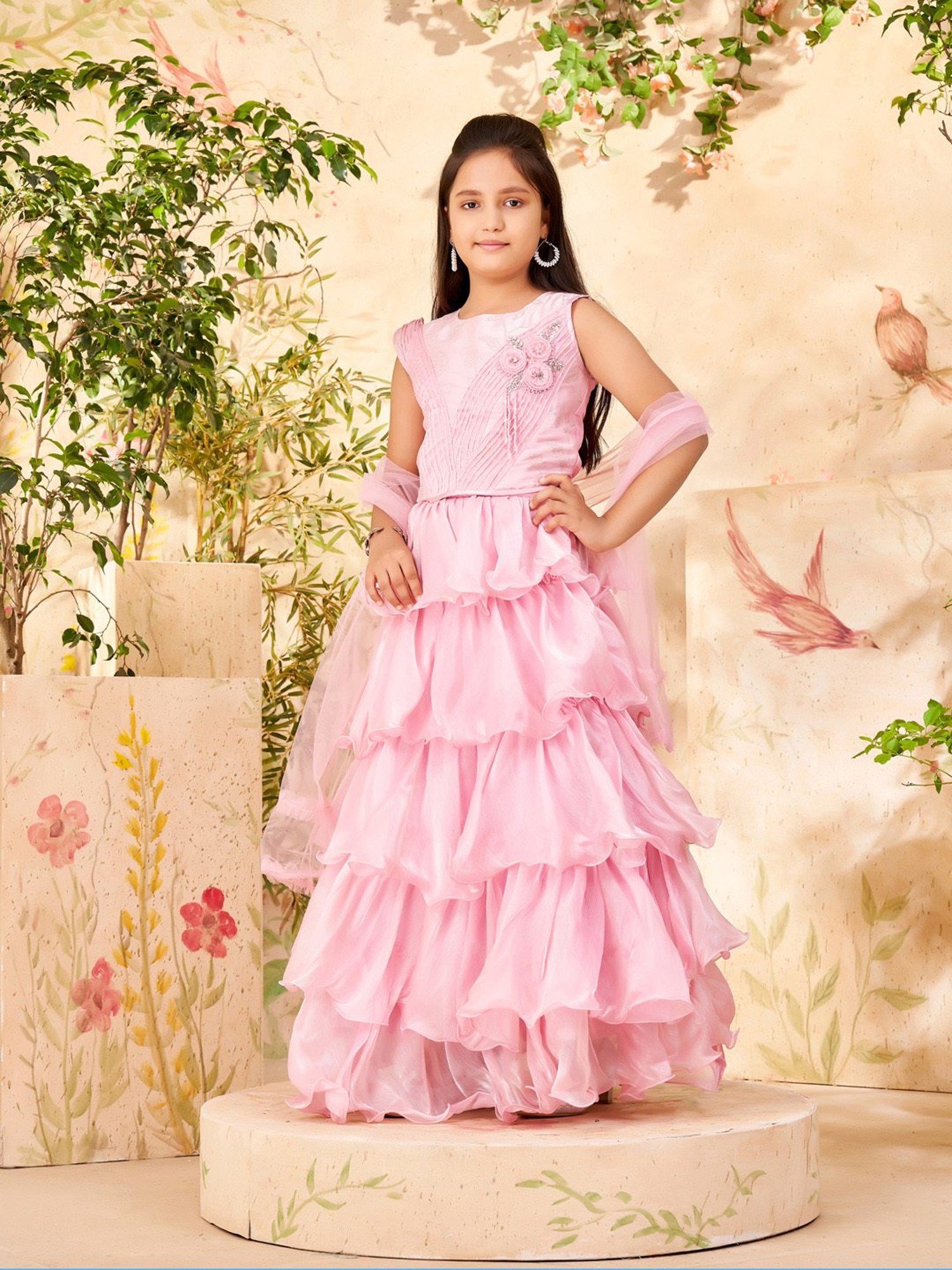 Aarika Girls Pink Embellished Lehenga, Choli, Dupatta with Unstitched Sleeves