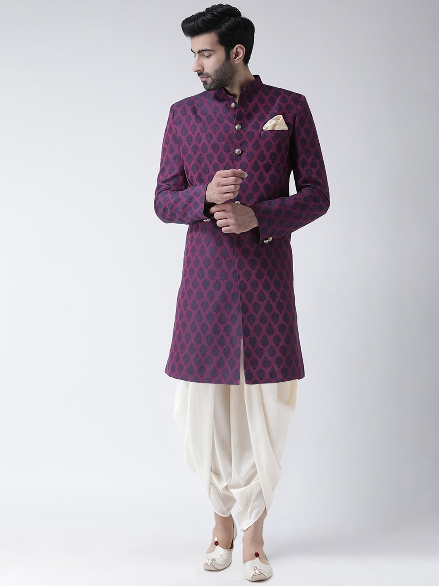 Hangup Plus Beige & Black Regular Fit Printed Sherwani Set