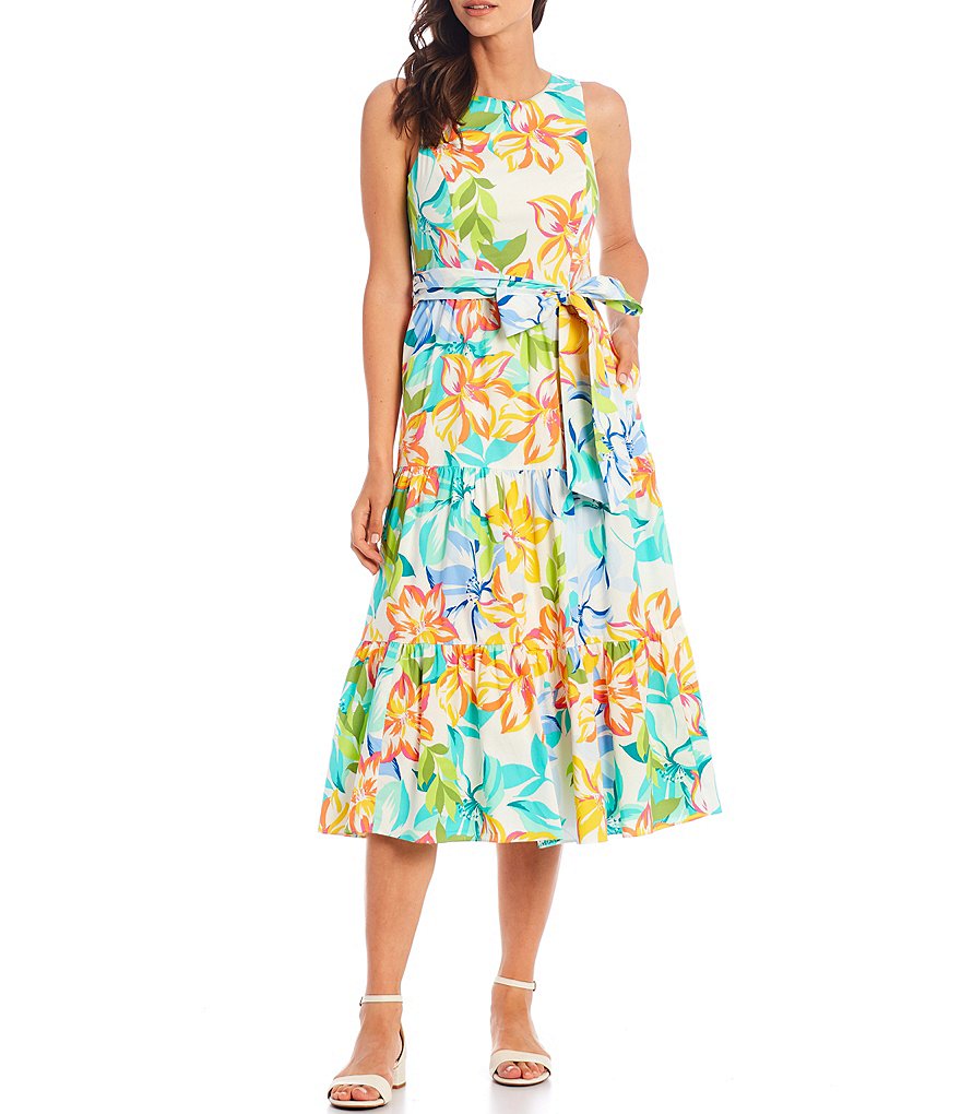 Tahari ASL Floral Cotton Ruffle Hem Self-Tie Pocket Tier Dress