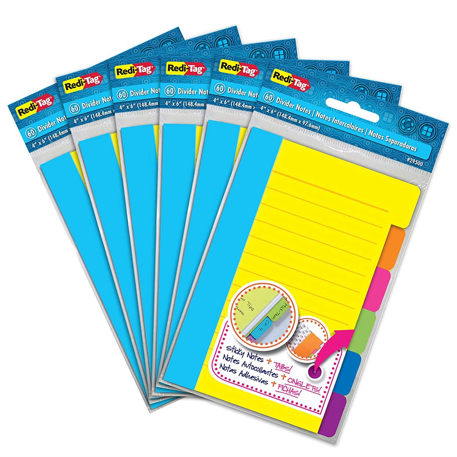 Redi-Tag Divider Sticky Notes, Tabbed Self-Stick Lined Note Pad, 60 Ruled Notes per Pack, 4 x 6 Inches, Assorted Neon Colors, 6 Pack (10291)