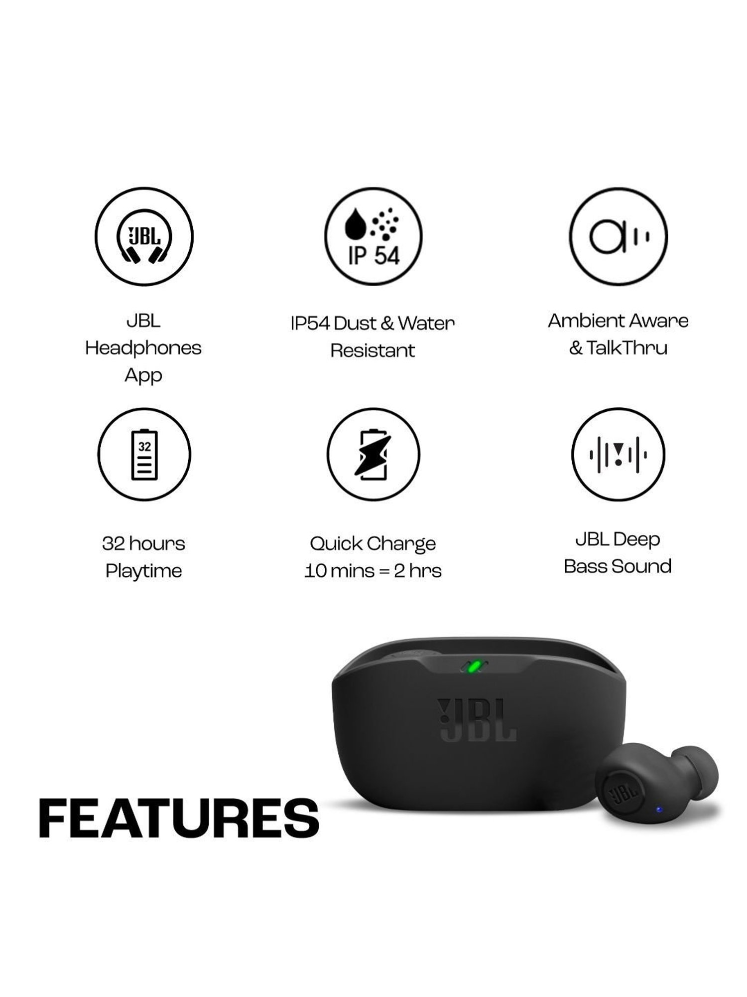 JBL Wave Buds TWS, 32Hr, Deep Bass, Dual Mode, Quick Charge, IP54, Smart Ambient & TalkThru (Black)
