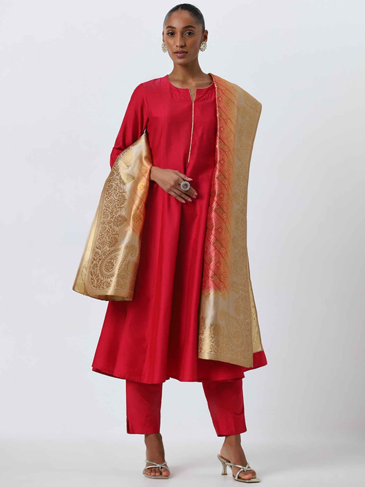 Vark by Westside Red A-Line Kurta, Ethnic Pants and Dupatta Set
