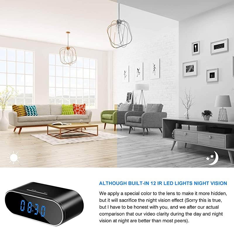 Camera Clock, WiFi Spy Camera Wireless , 1080P Nanny Cameras and Cameras with Night Vision and Motion Detective, Perfect 150 Angle Camera Clock for Home Security ?New APP?