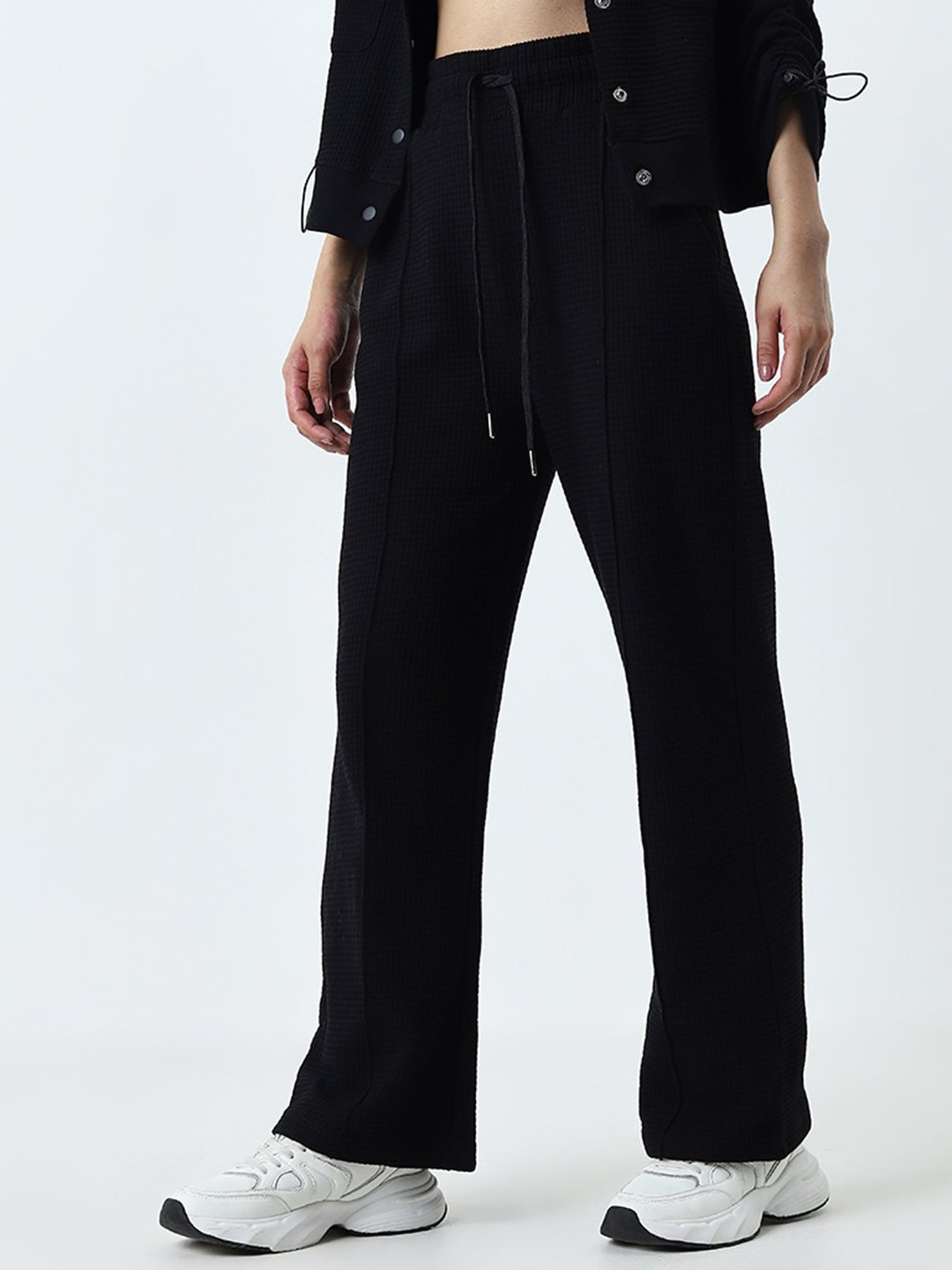 Studiofit by Westside Black Waffle Texture High-Rise Cotton Track Pants