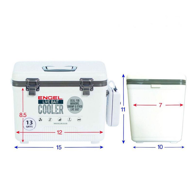 Engel 13 Quart Portable Insulated Live Bait Fishing Dry Box 18 Can Hard Airtight Cooler with Water Speed Aerator Pump and Removable Pull Net, White