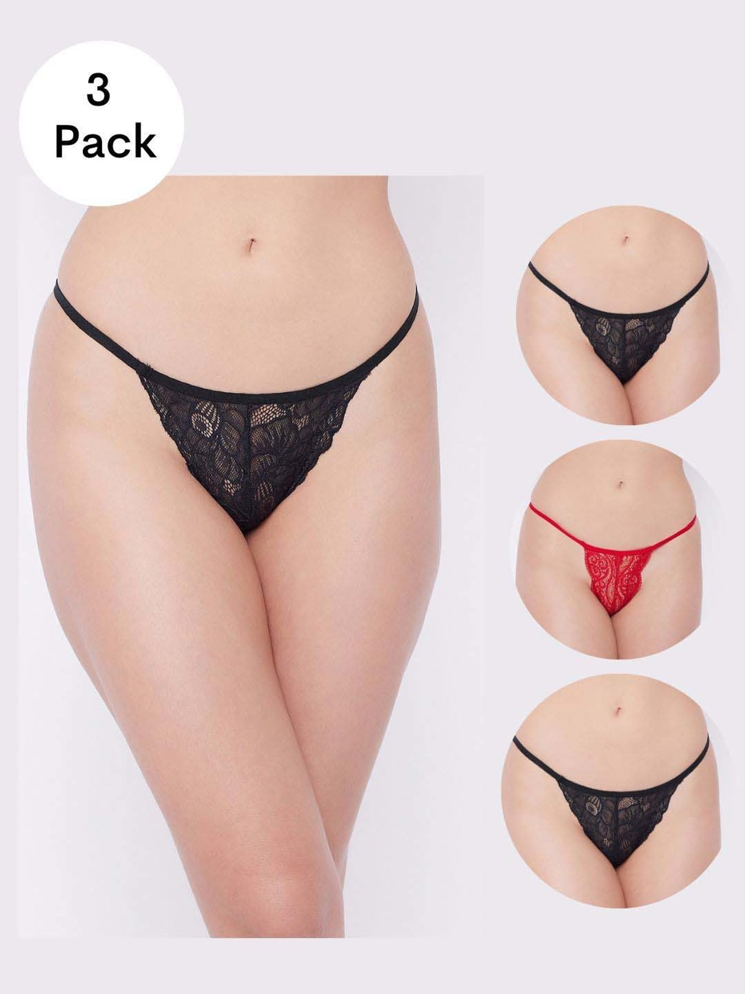 Secrets By ZeroKaata Black & Red Lace Work Thong Panty - Pack Of 3