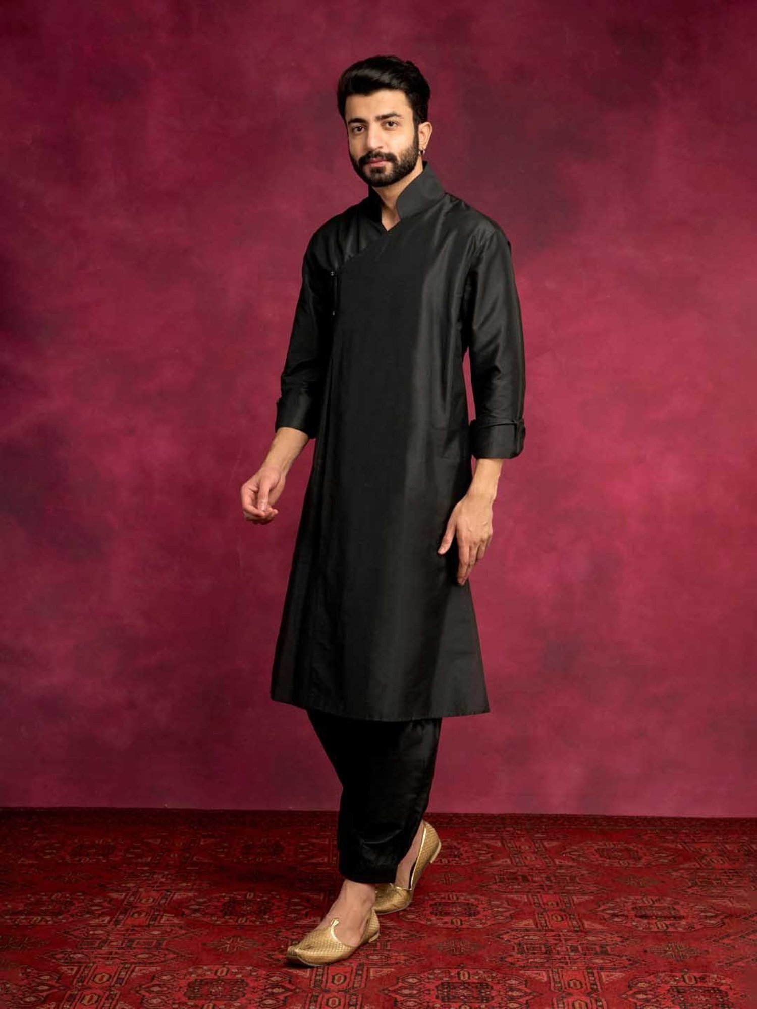 Abhishti Black Straight Fit Overlap Asymmetrical Kurta & Pathani Pants Set