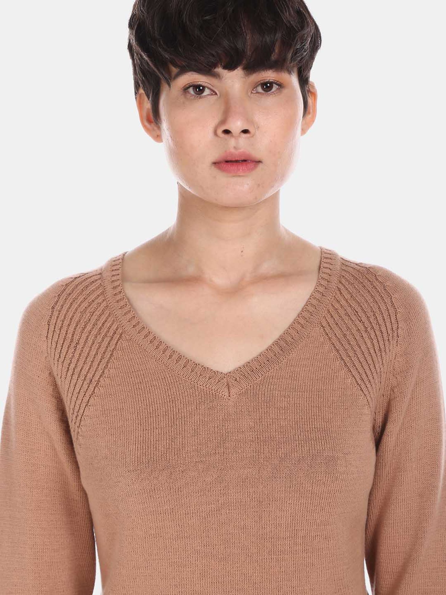 U.S. Polo Assn. Brown Self Design V Neck Sweater