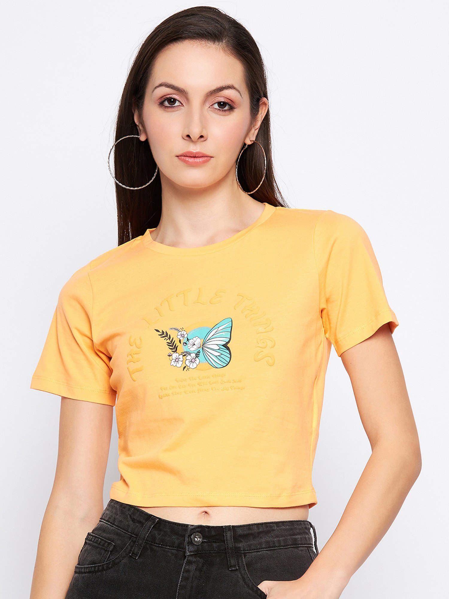 MADAME Orange Cotton Graphic Print Crop T-Shirt