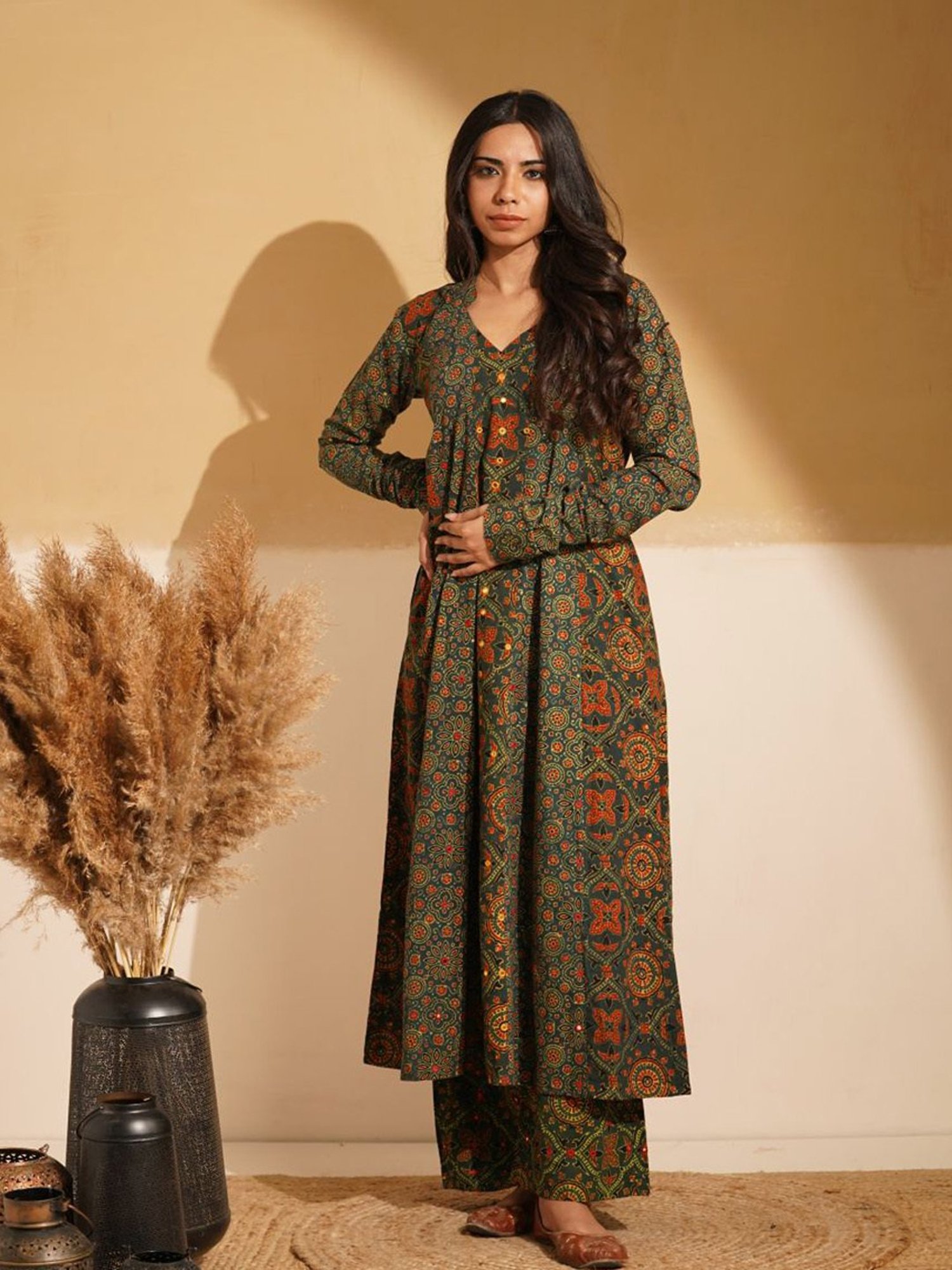 Love Chic Green Ajrakh Cotton Kalidaar Flare Kurta