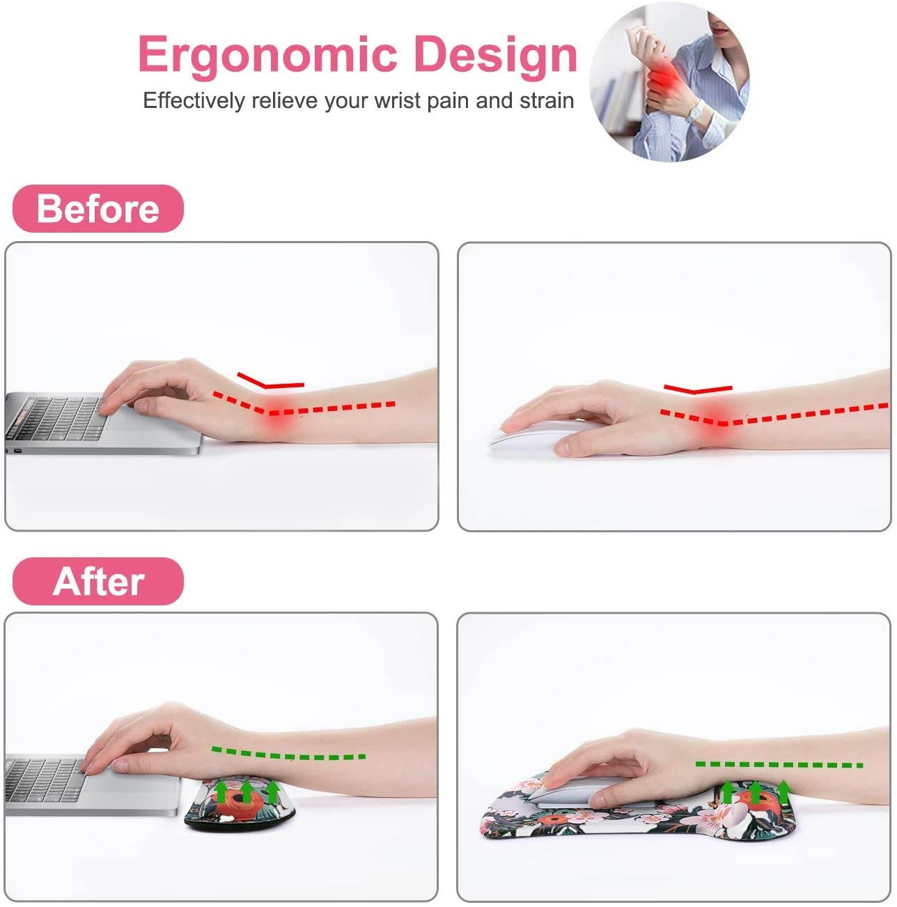 MOSISO Mouse Pad Wrist Rest Support & Keyboard Set, Begonia Ergonomic Mousepad Non-Slip Rubber Base Home Office Pain Relief & Easy Typing Cushion with Neoprene Cloth & Memory Foam, White