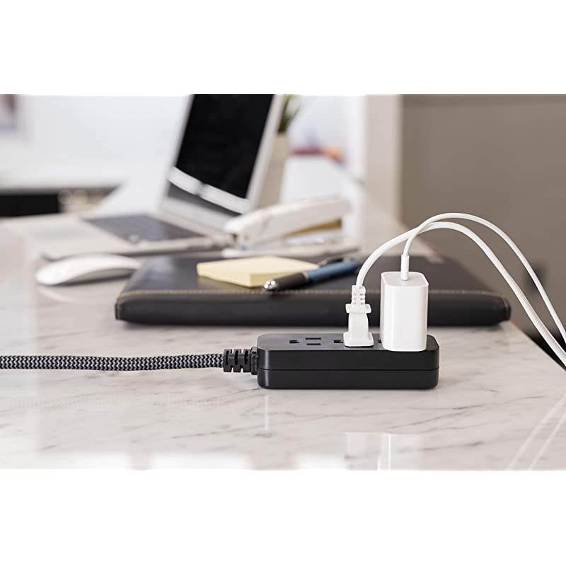Black Designer Power Strip 6 Inch Braided Extension 3 Grounded Outlets Flat Plug Mini Cord Premium 45191