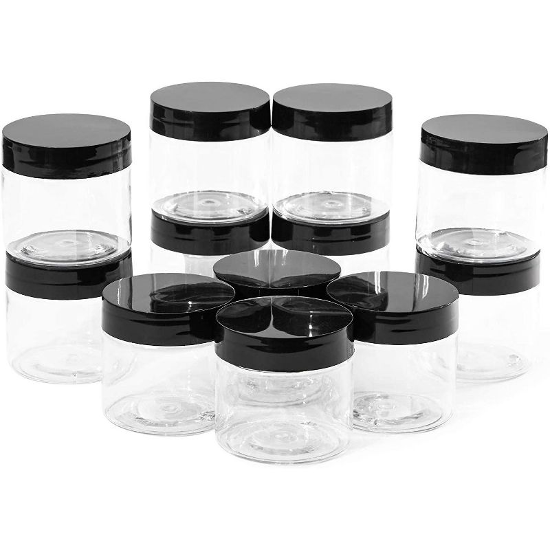 Juvale 12 Pack Clear Round Plastic Jars with Black Lids, 2oz Empty Food Storage Containers with Label Stickers