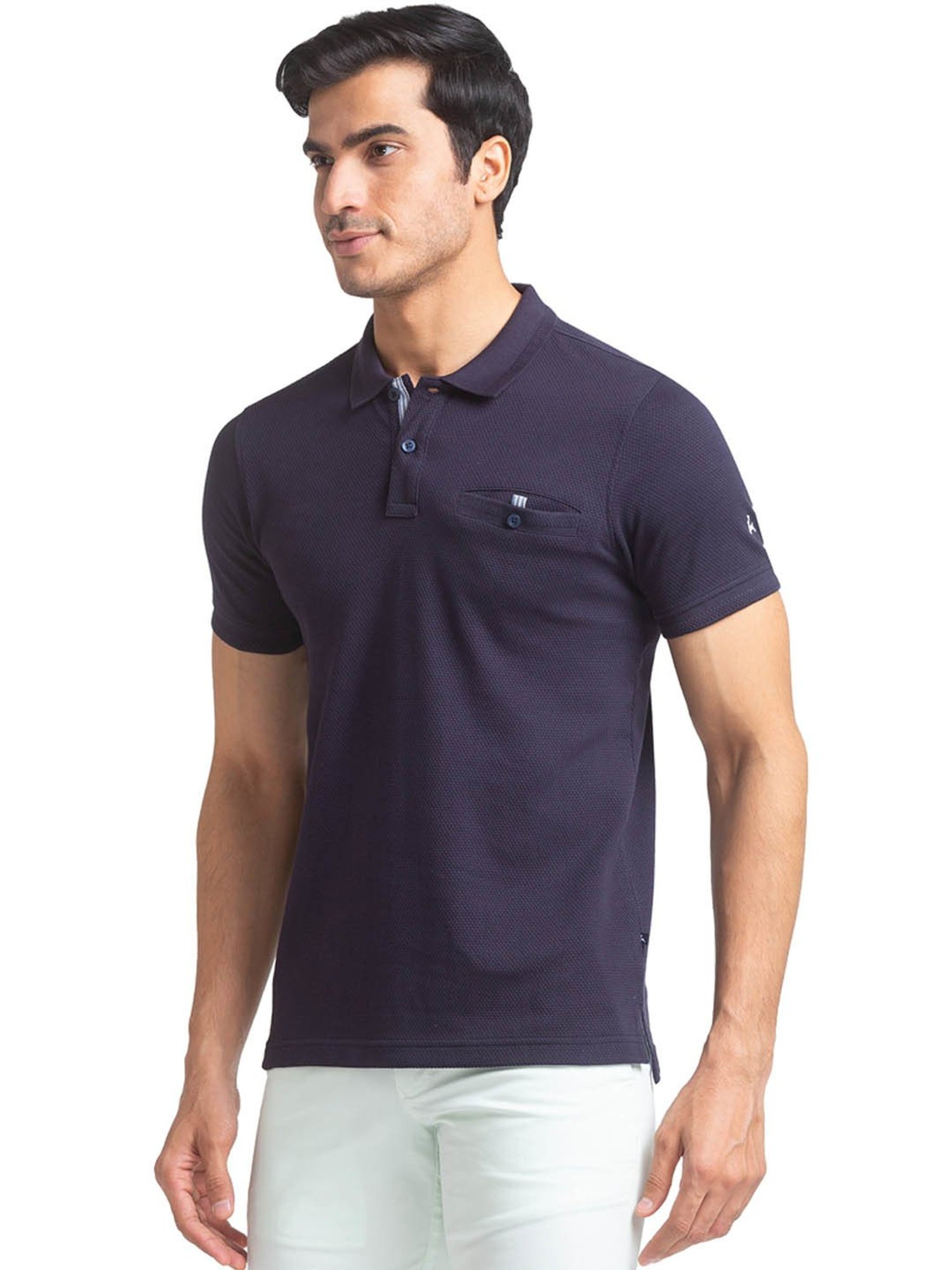 Parx Dark Blue Cotton Regular Fit Self Pattern Polo T-Shirt