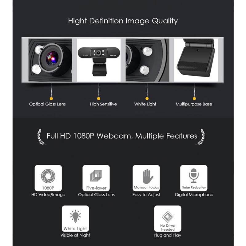 ASHU H800 1920*1080P High Definition Webcam HDTV Video Calling Teleconference with Built-in Microphone Camera for Laptop Desktop