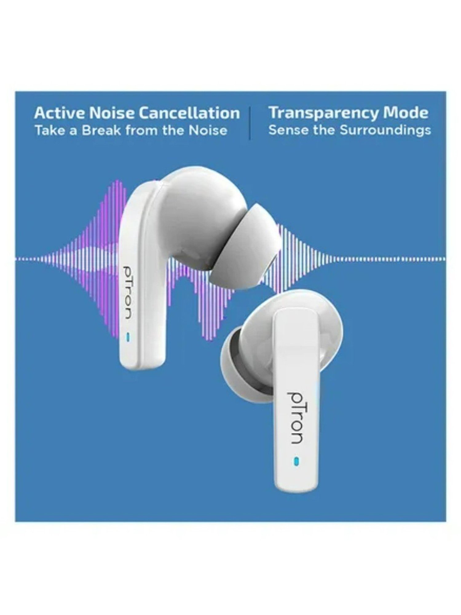 PTron Basspods 992 Active Noise Cancelling ANC Bluetooth 5.0 Wireless Earbuds (White)