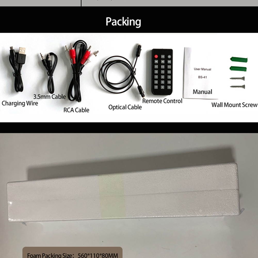 20W Wireless Bluetooth Column Soundbar TV Music Speaker Sound Bar Home Theater TF USB Support 3.5mm Fiber RCA With Wall Mount