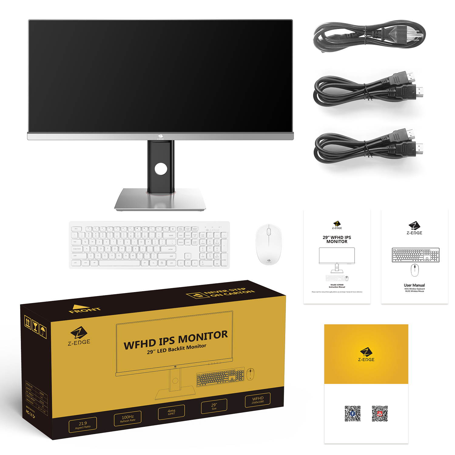 Z-EDGE U29IAB 29" Ultrawide 2560 x 1080 WFHD 21:9 Aspect Ratio 100Hz Refresh Rate 4 ms MPRT IPS Monitor, HDMIx2+DP, Built-in Speakers, with Wireless Keyboard & Mouse