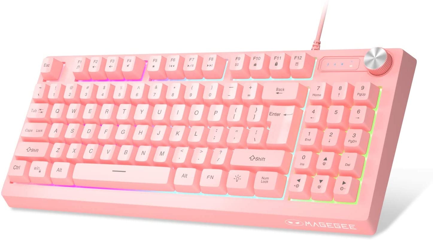 MageGee GT698 TKL Gaming Keyboard 89 Keys RGB Rainbow Backlit Computer Keyboard Anti-Ghosting USB Wired Gaming Keyboard for Windows Gaming PC Laptop (Pink)