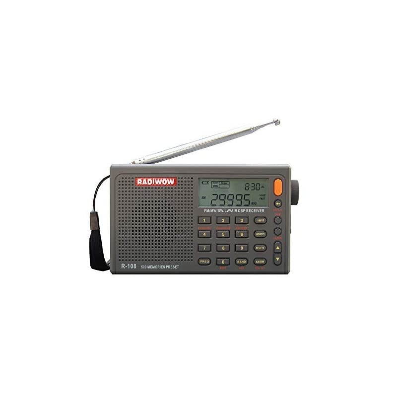 R108 FM StereoLWMWSWAIR BandDSP Full Band Portable Radio with Headphones Jack and Antenna Jack Sleep Timer and Alarm Clock 500 Memories preset Stations 100 preset for Each Band