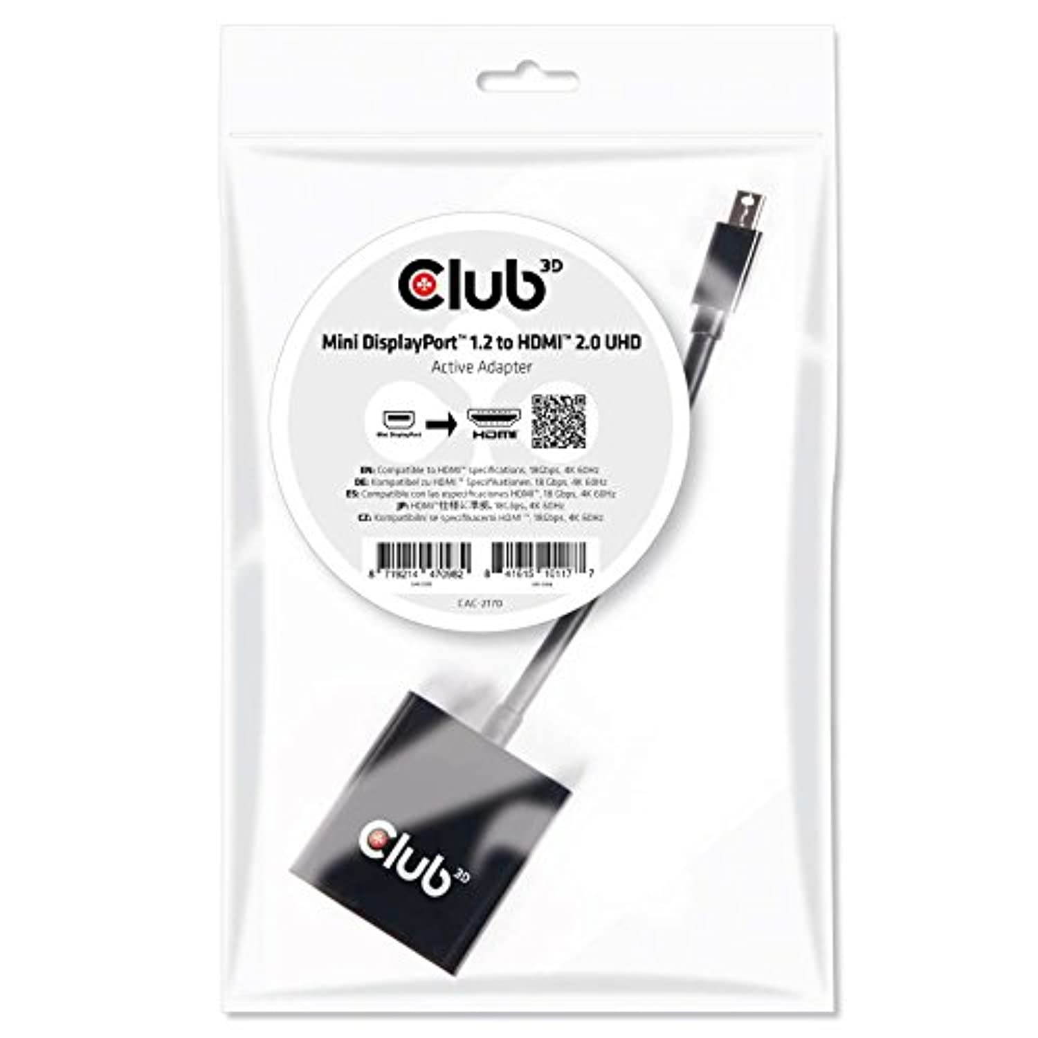 Club 3D, CAC-2170, Active Mini DisplayPort to HDMI 2.0 Adapter (Supports displays up to 4K / UHD / 3840x2160@60Hz)