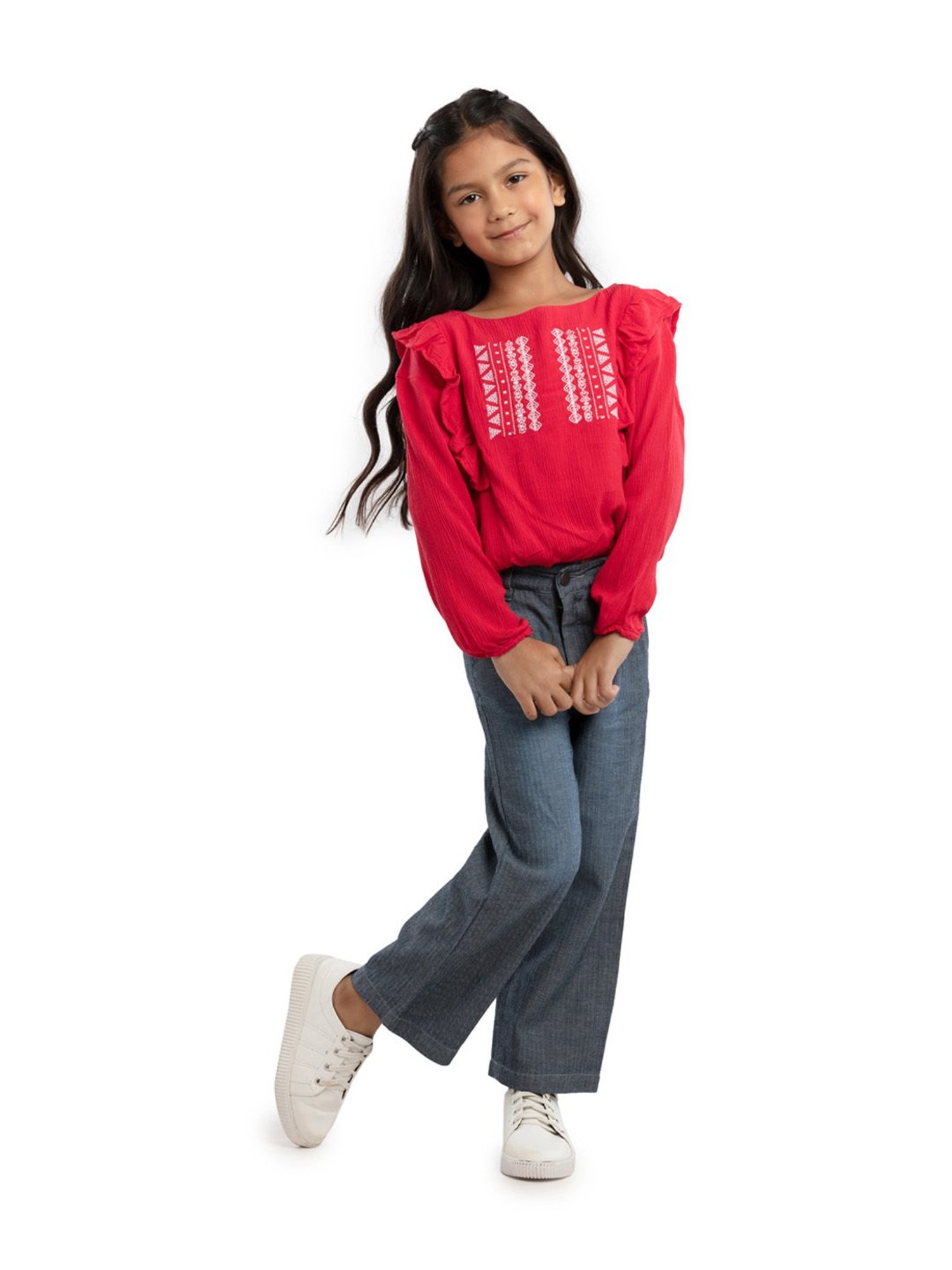 Under Fourteen Only Kids Red & White Embroidered Full Sleeves Top