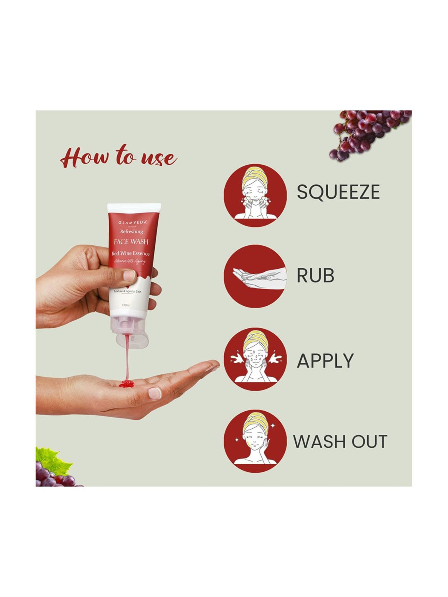 Glamveda Refreshing Red Wine Essence Advanced Anti Ageing Face Wash - 100 ml