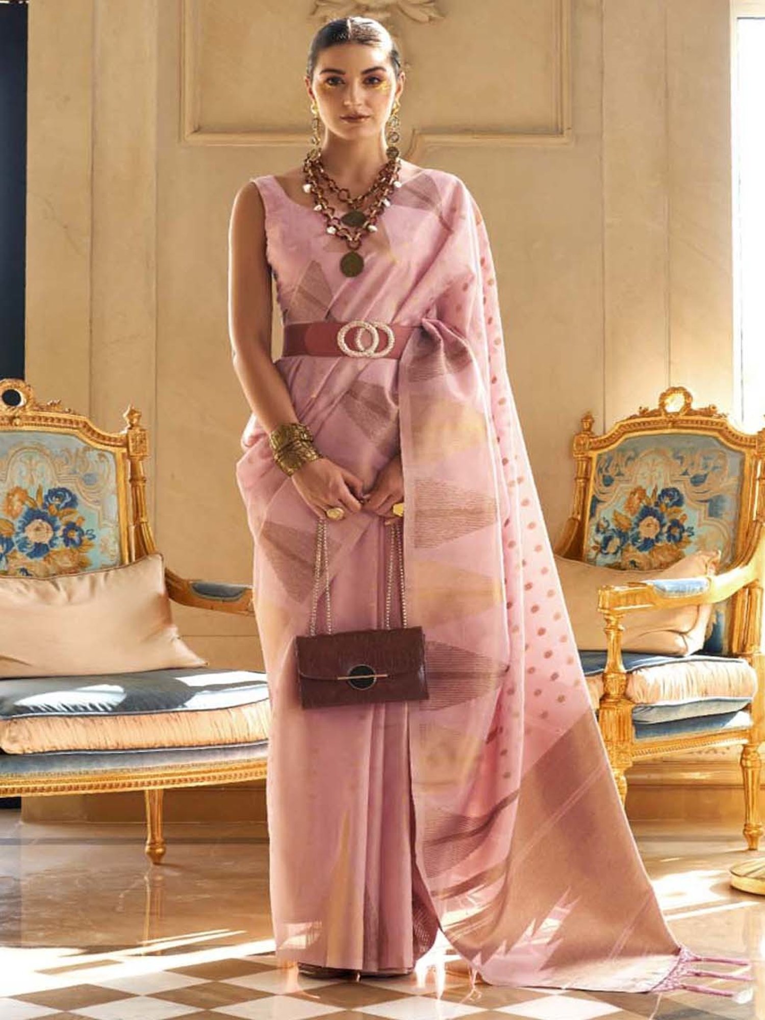 Elora Pink Silk Woven Saree With Unstitched Blouse