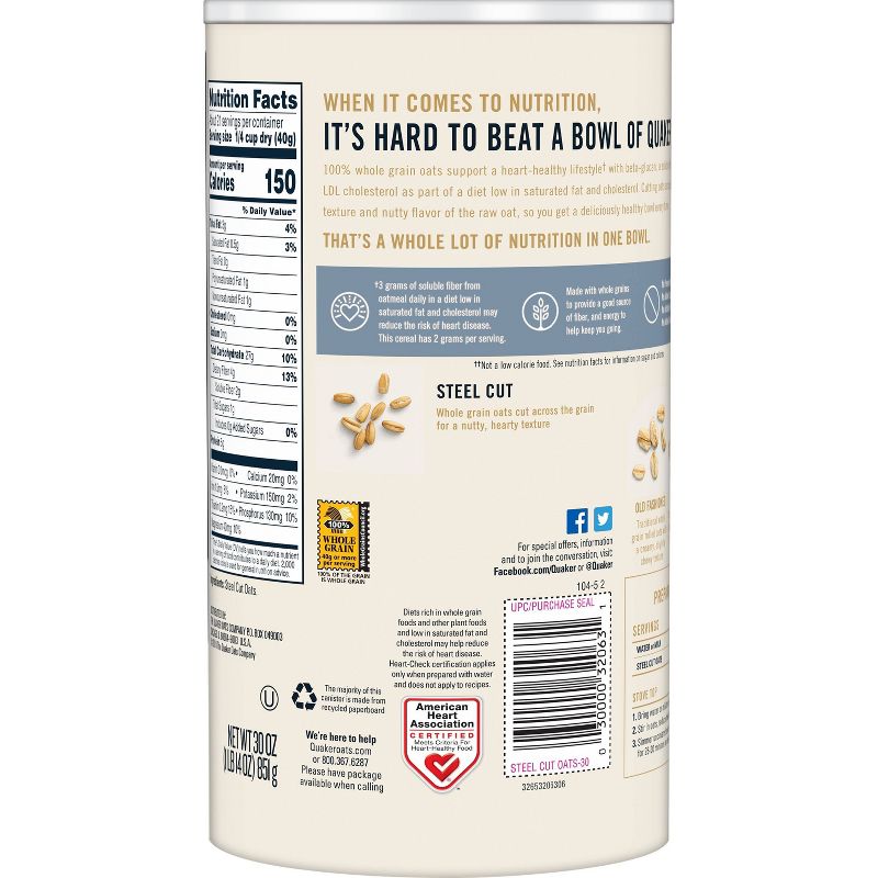 Quaker 100% Whole Grain Steel Cut Oats Canister - 30oz