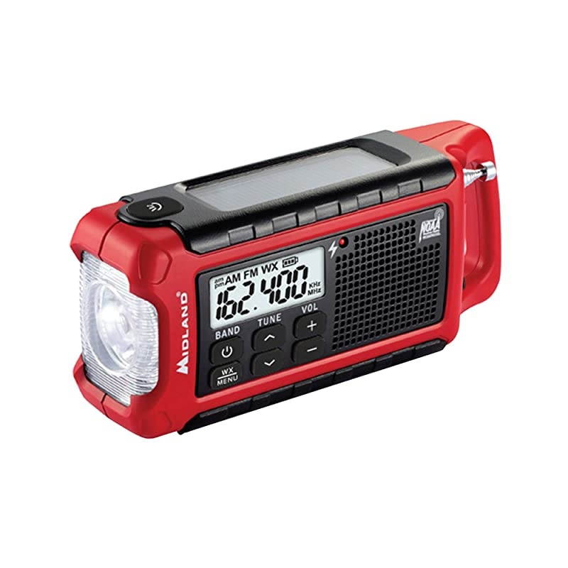ER210 Emergency Compact Crank Weather AMFM Radio Multiple Power Sources SOS Emergency Flashlight NOAA Weather Scan + Alert amp SmartphoneTablet Charger RedBlack