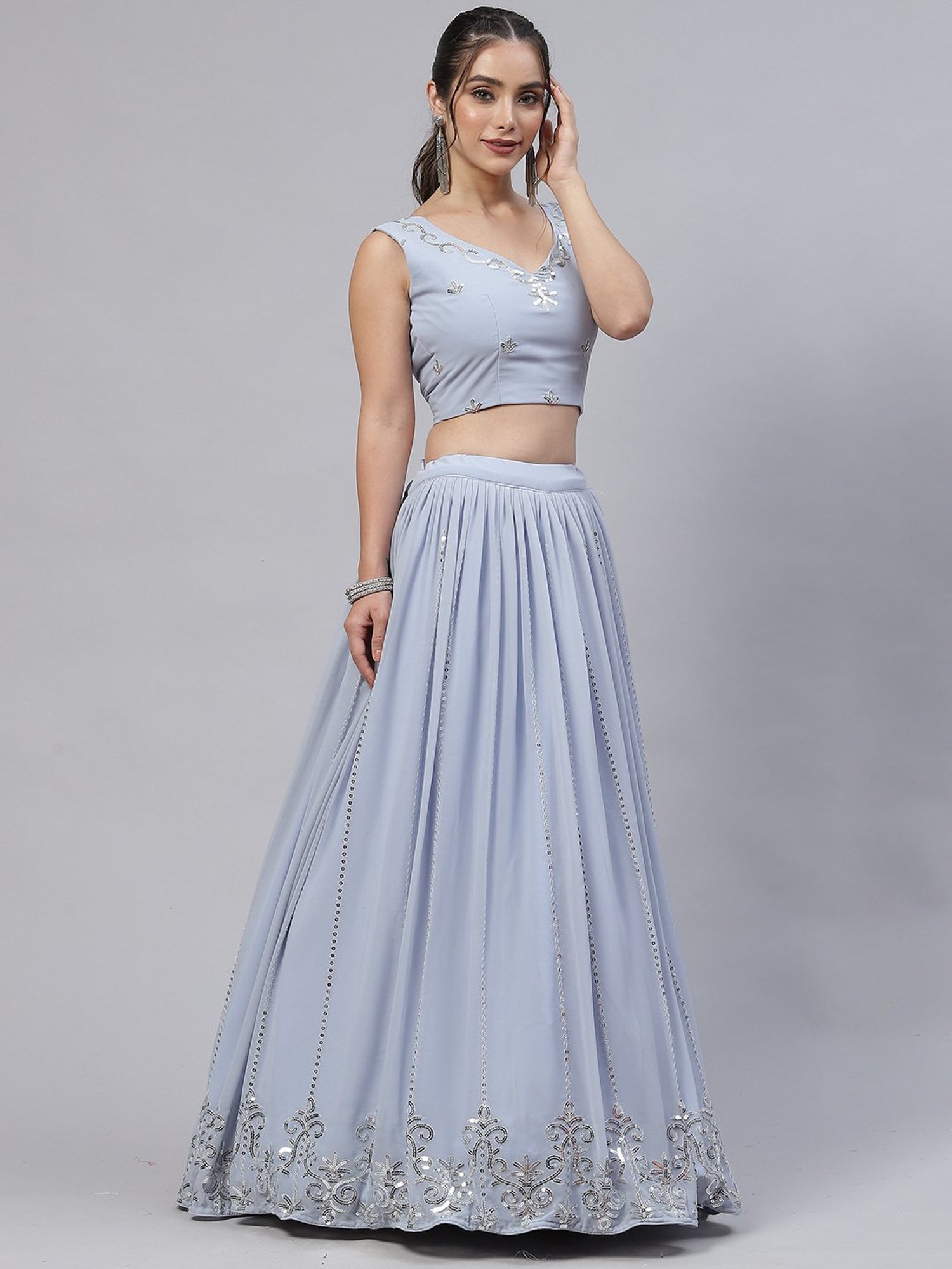 SHUBHKALA Sky Blue Embellished Lehenga Choli Set With Dupatta