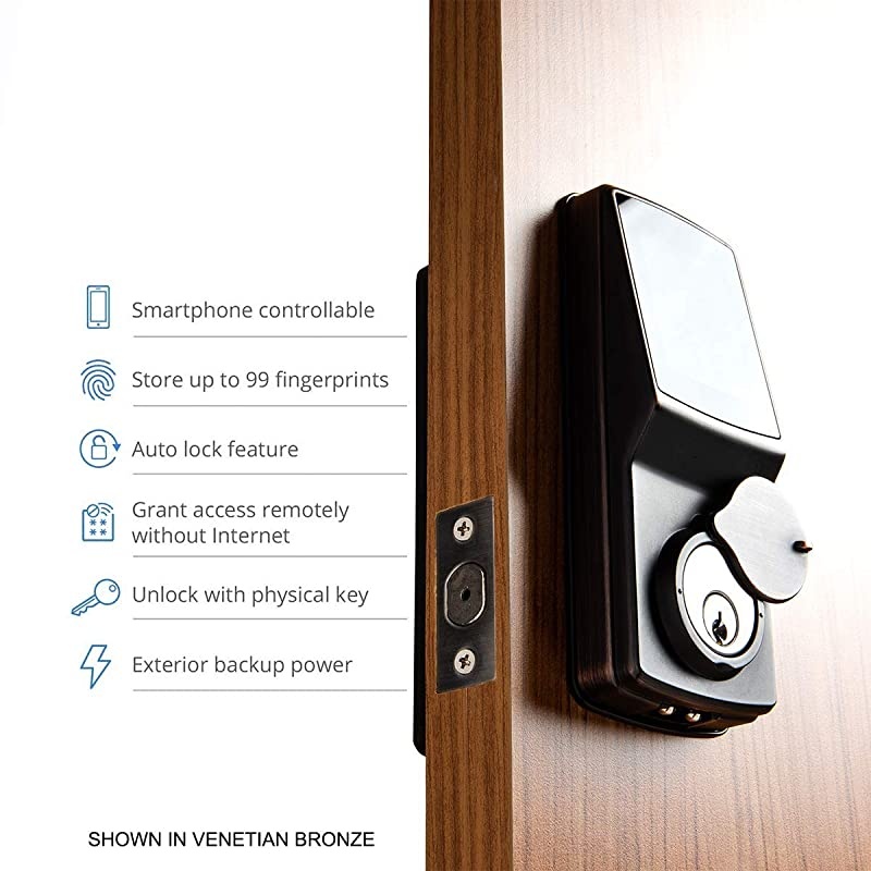 Bluetooth Keyless Entry Smart Door Lock (PGD 728F) Patented Keypad/Alarm System | Advanced 3D Fingerprint Reader | iOS and Android Compatible (VenetianBronze)