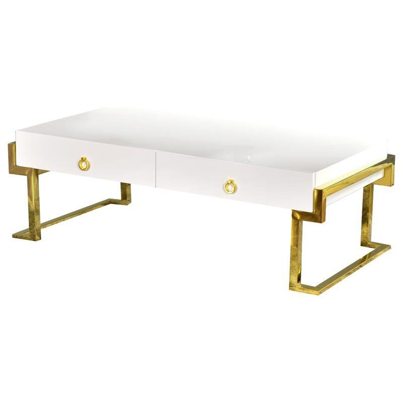 Juneau Modern Poplar Wood Coffee Table in White/Gold Lacquer - Best Master Furniture