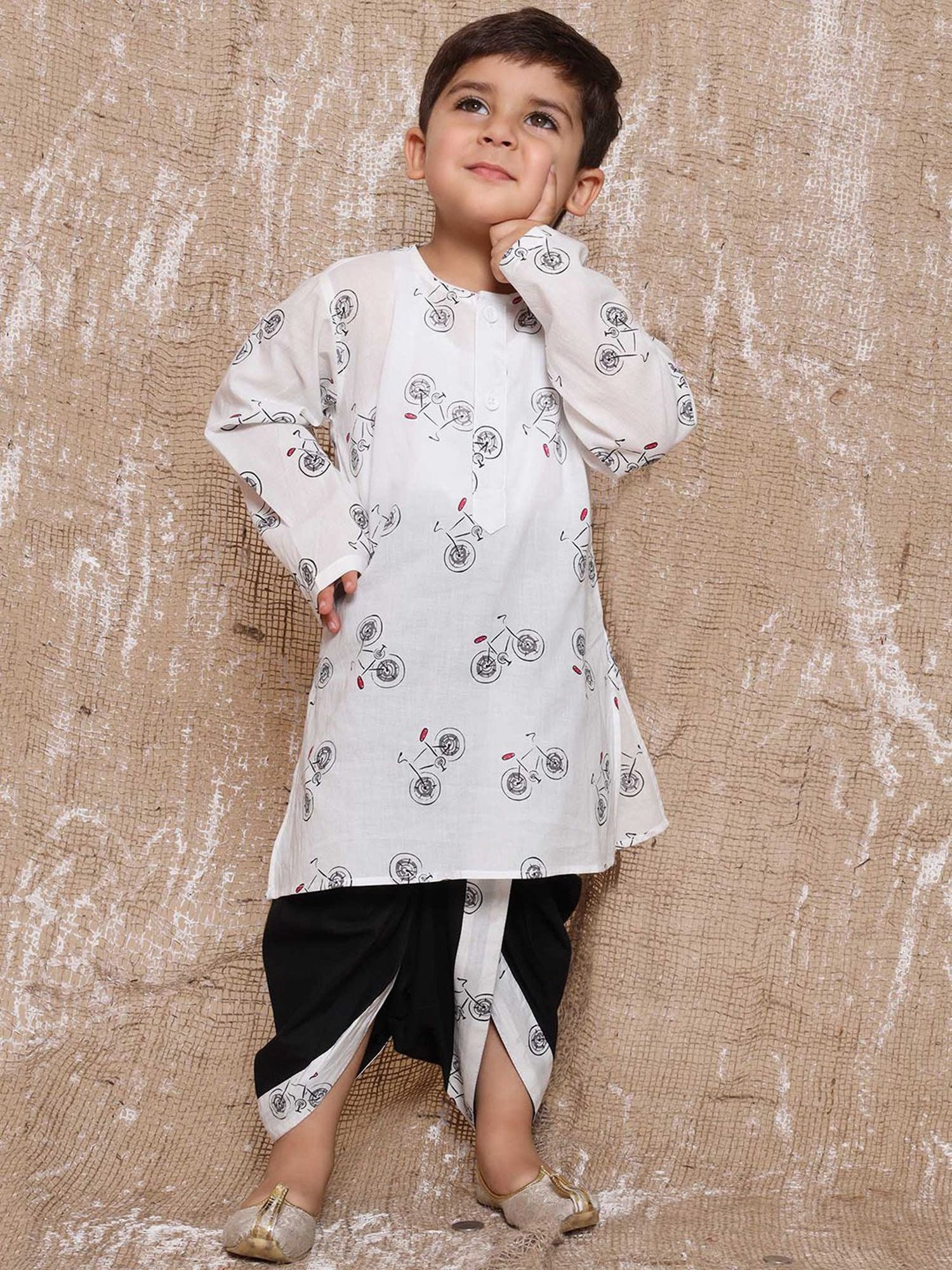 AJ Dezines Kids White & Black Printed Full Sleeves Kurta with Dhoti