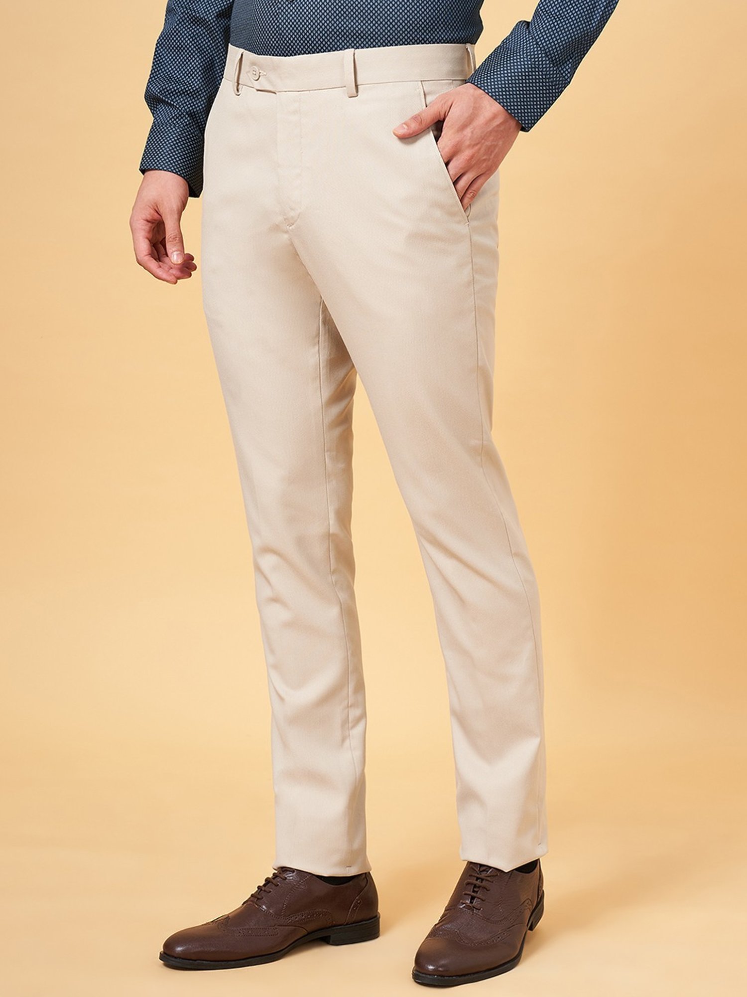 Peregrine By Pantaloons Vanilla Cream Slim Fit Trousers