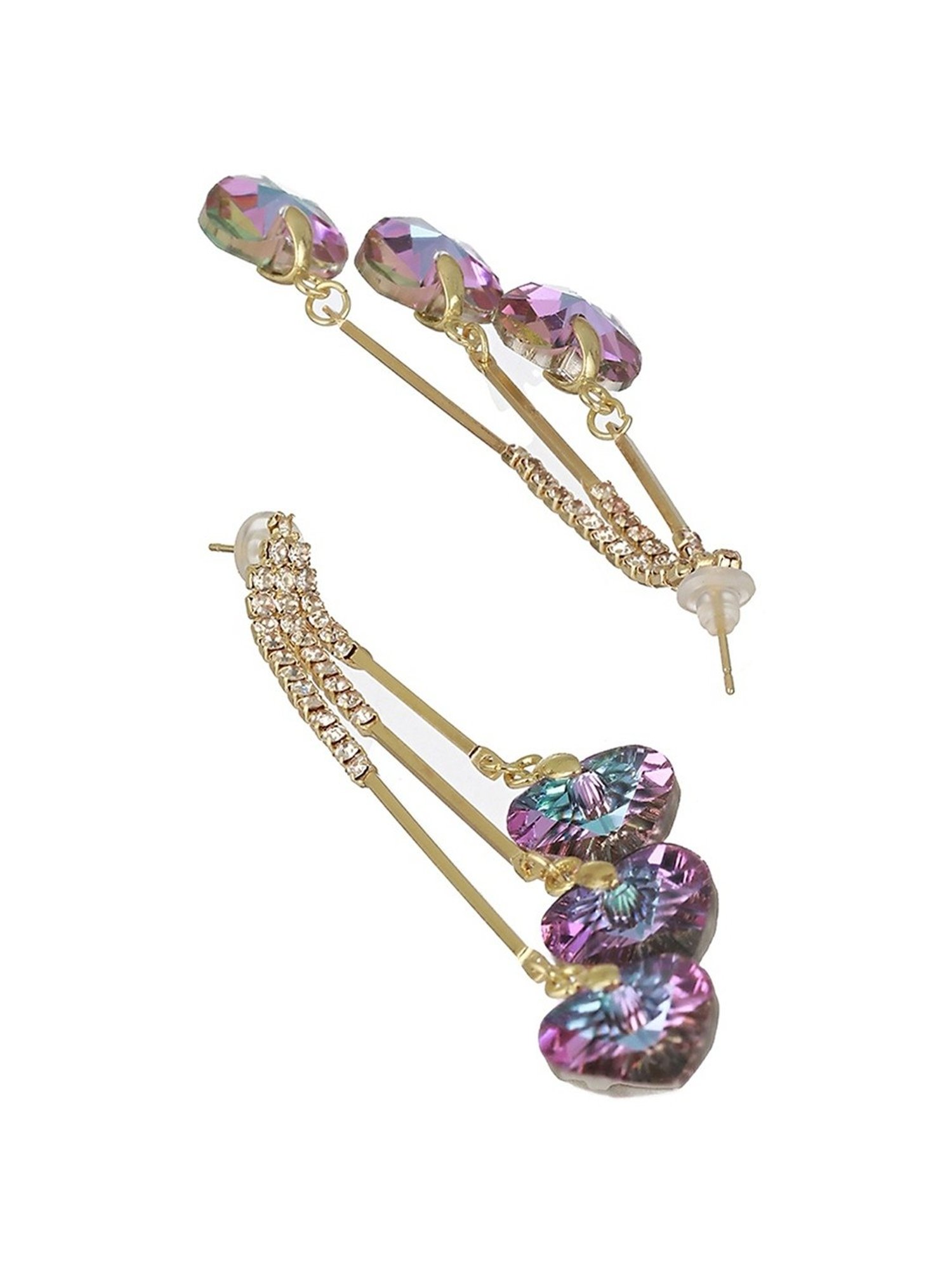 Prita by Priyaasi Purple Triple Heart Tassel Studded Gold-Plated Dangler Earrings