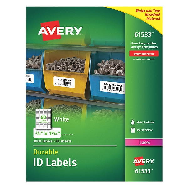 Avery Durable ID Labels, TrueBlock Technology, Permanent Adhesive, 2/3" x 1-3/4", 3,000 Labels (61533)