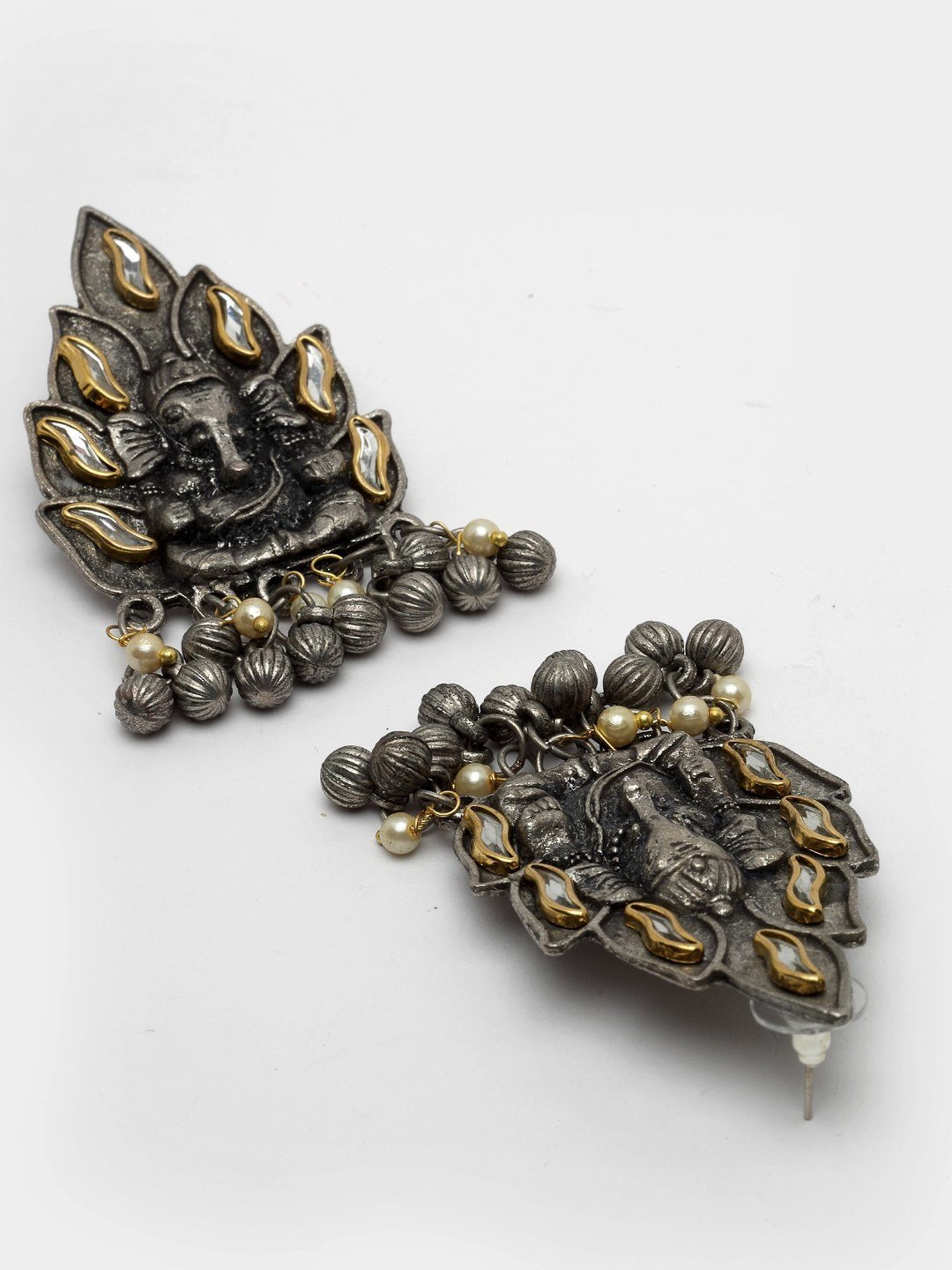 Moedbuille Kundan and Pearls Temple Tasselled Design Oxidised Silver Plated Ganesha Earrings