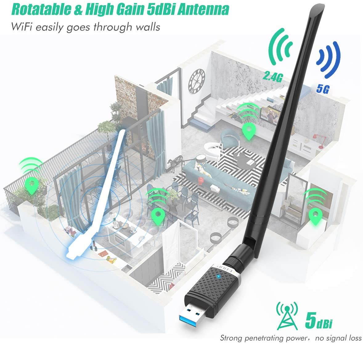EDUP WiFi Adapter for Gaming 1300Mbps, USB 3.0 Wireless Adapter Dual Band 5GHz 802.11 AC WiFi Dongle 5dBi Antenna Support Desktop Laptop Windows XP/Vista/7/8/10 Mac, USB Flash Driver Included