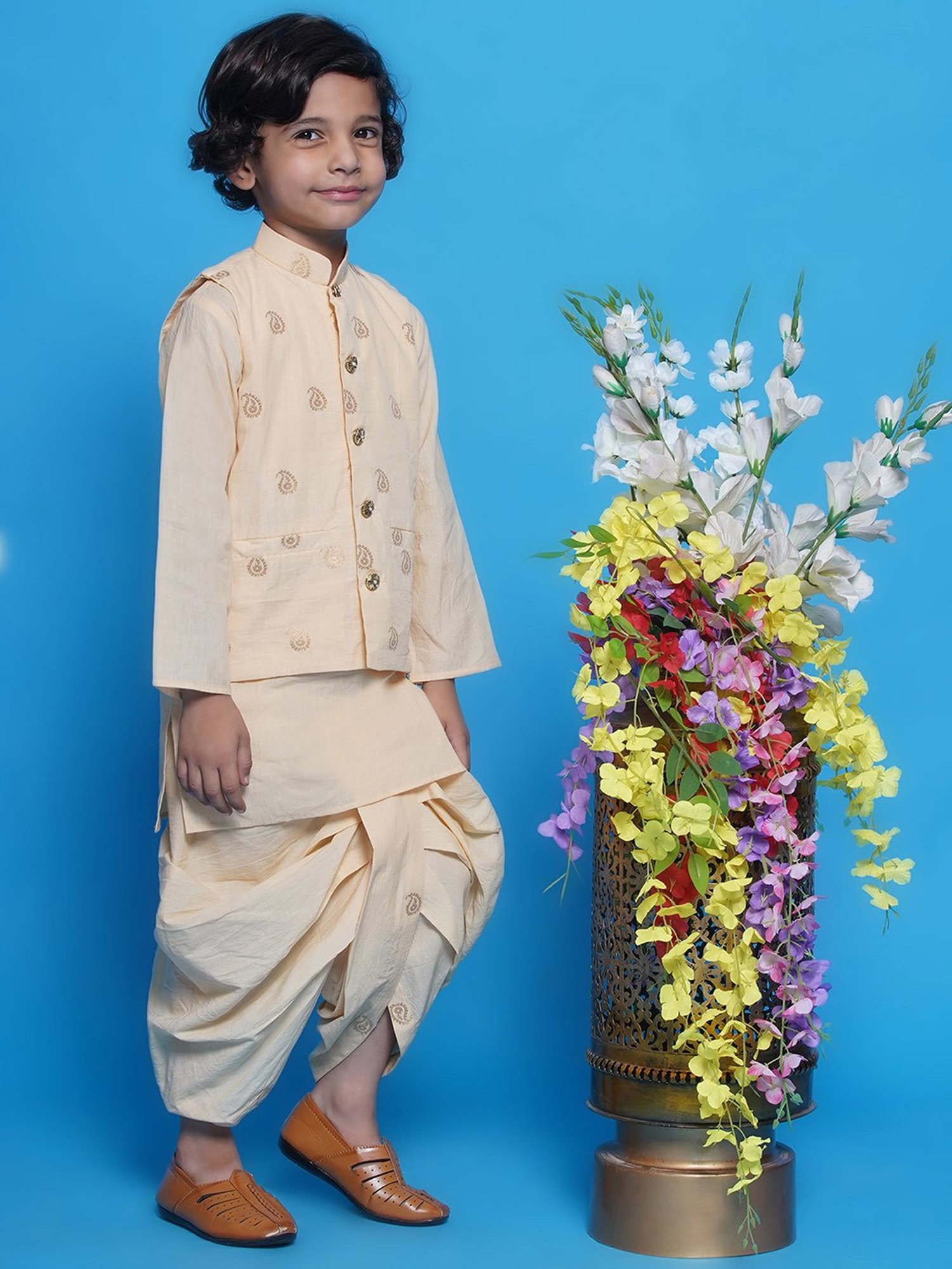 Little Bansi Boys Cream Self Design Full Sleeves Kurta, Dhoti with Jacket