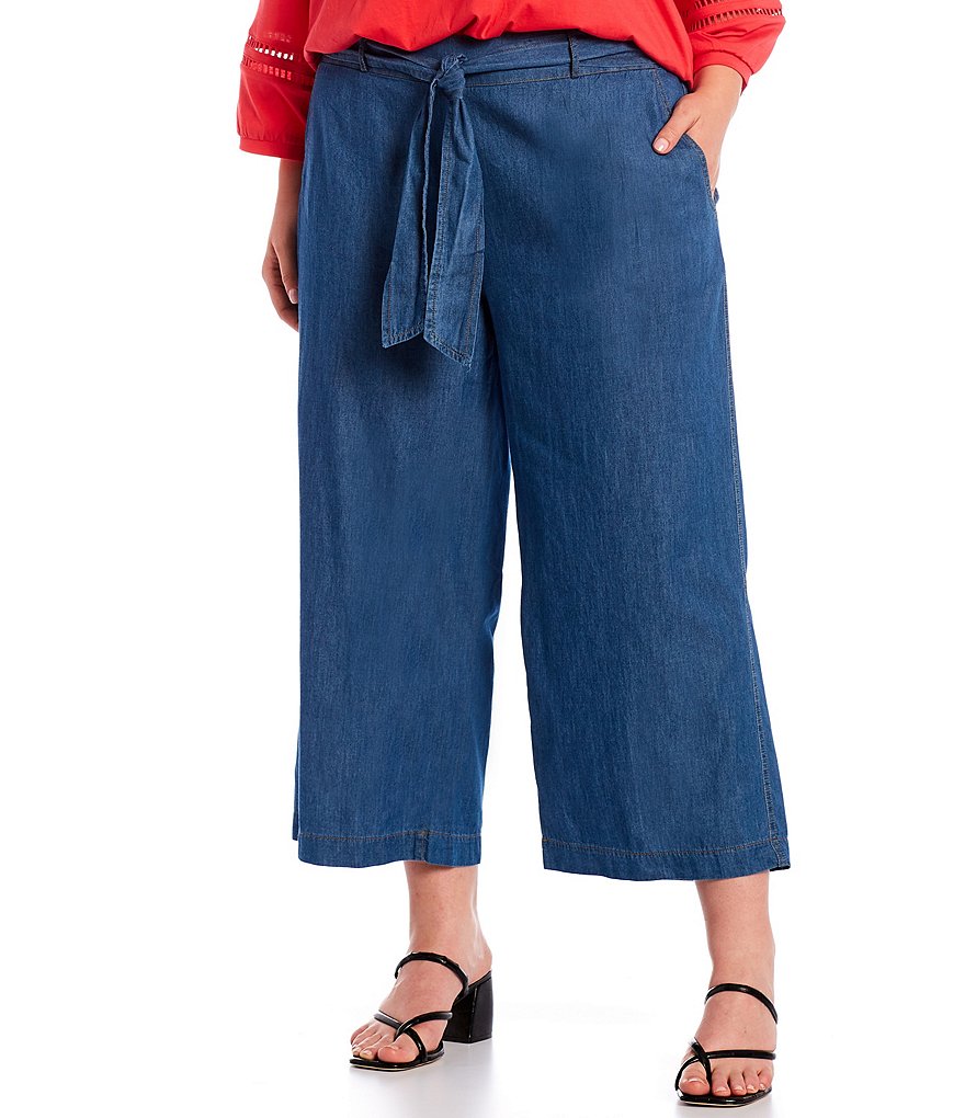 I.N. Studio Plus Size Denim Pull-On Wide-Leg Sash Belted Crop Denim Pants