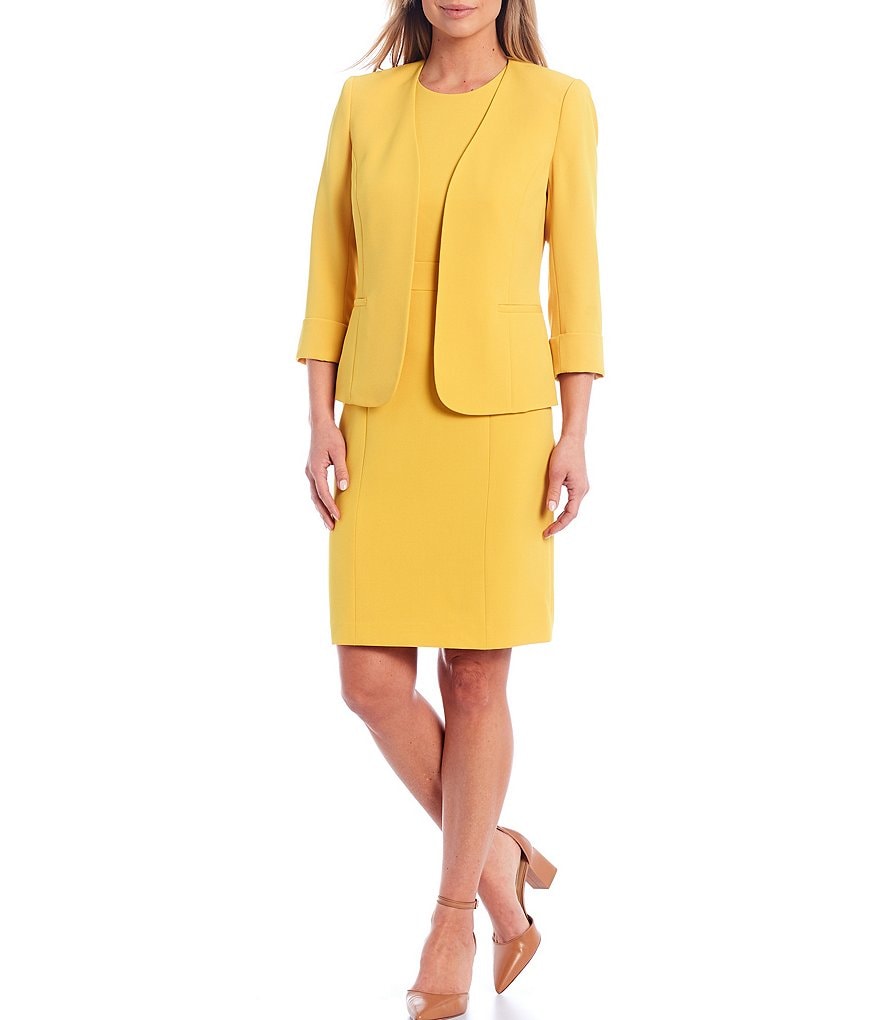 Kasper Petite Size Stretch Crepe Seamed Roll Cuffed Sleeve Open Front Jacket