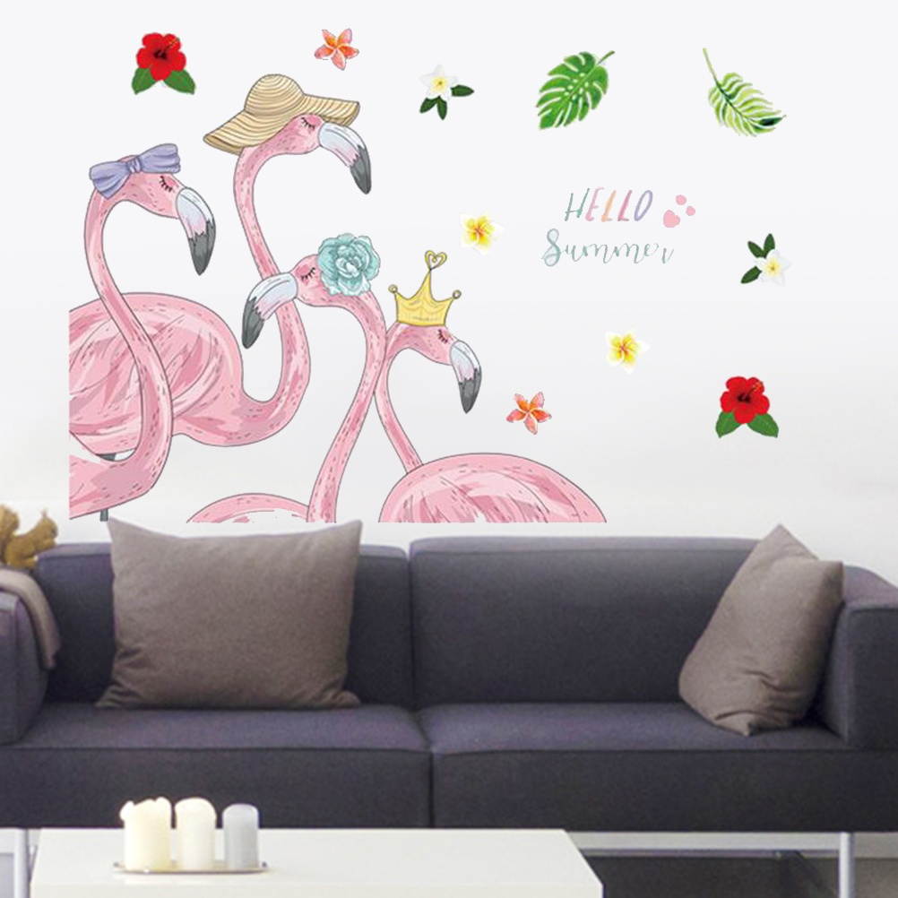 Fashion Hello Summer Pink Flamingos Wall Decals Wall Stickers Decorations for Home Office