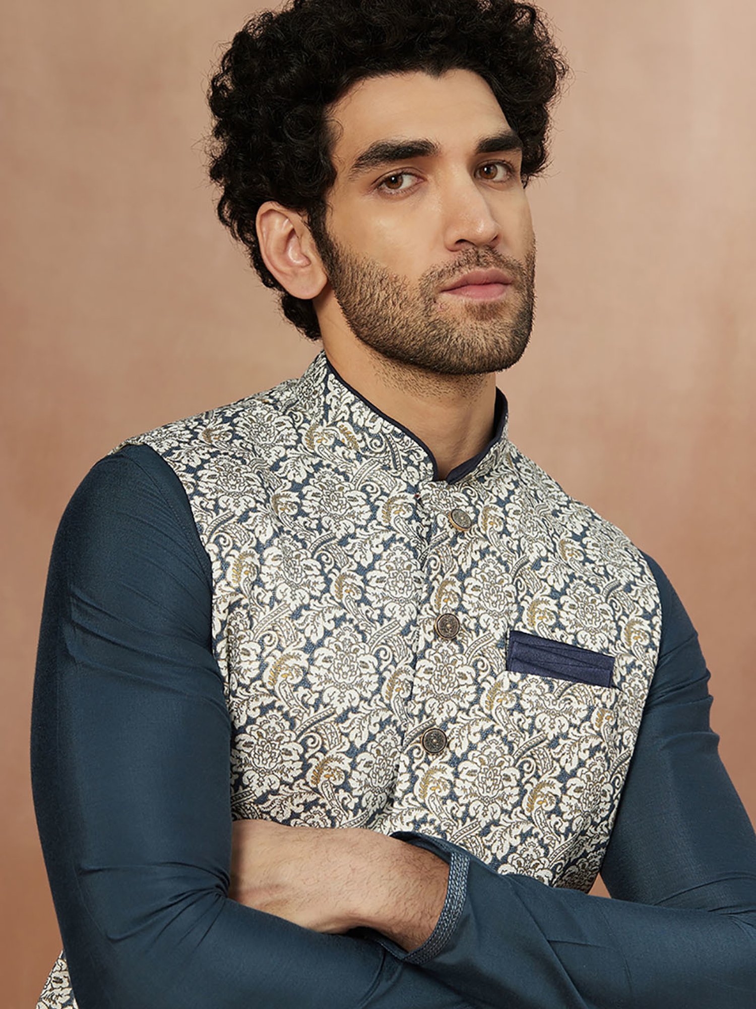 Manyavar White Printed Nehru Jacket