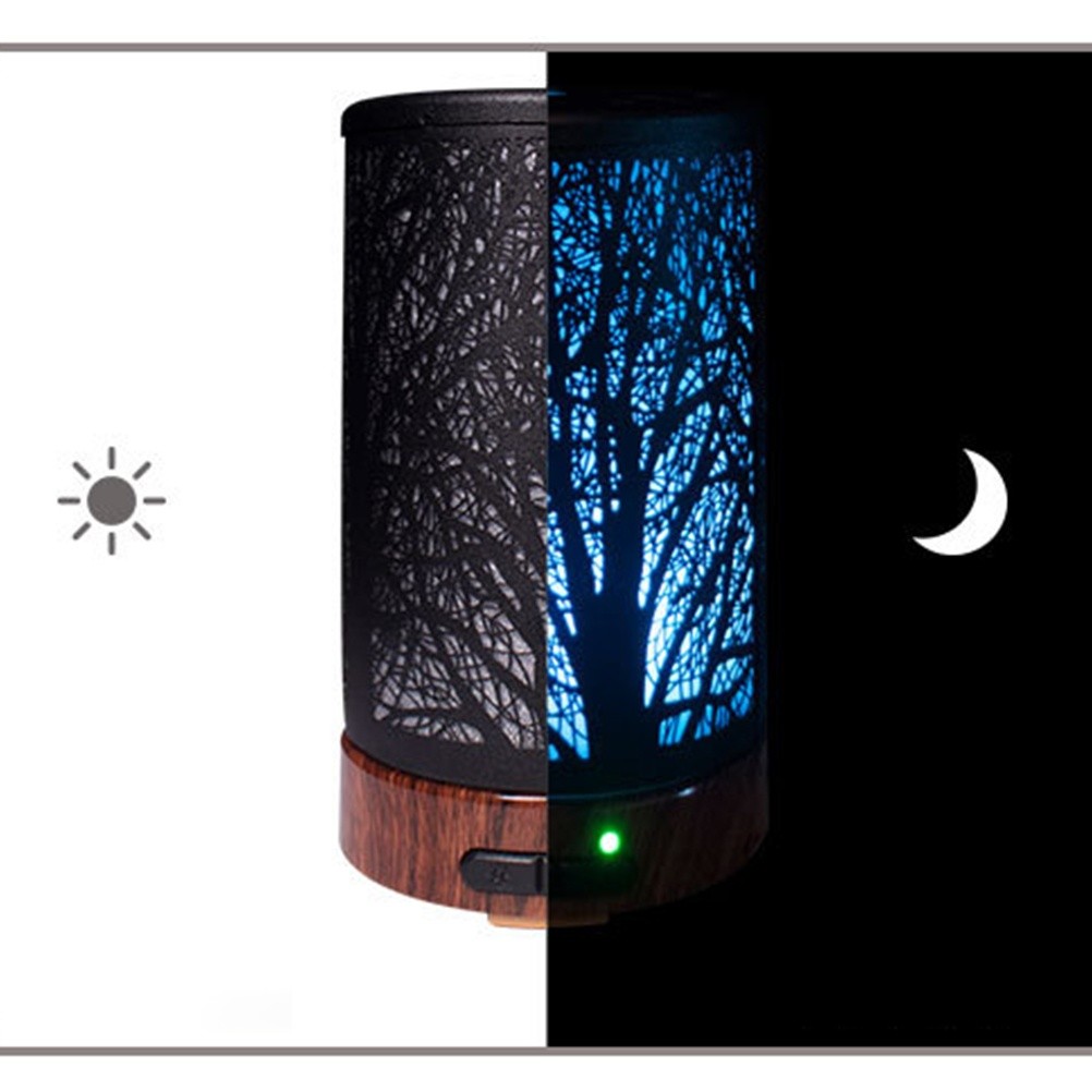 100ml Small Air Humidifier Night Light Aromatherapy Aroma Diffuser Oil Diffuser Trees Iron Art Air Diffuser Purifier Mist Maker for Home Office Yoga (US Plug)
