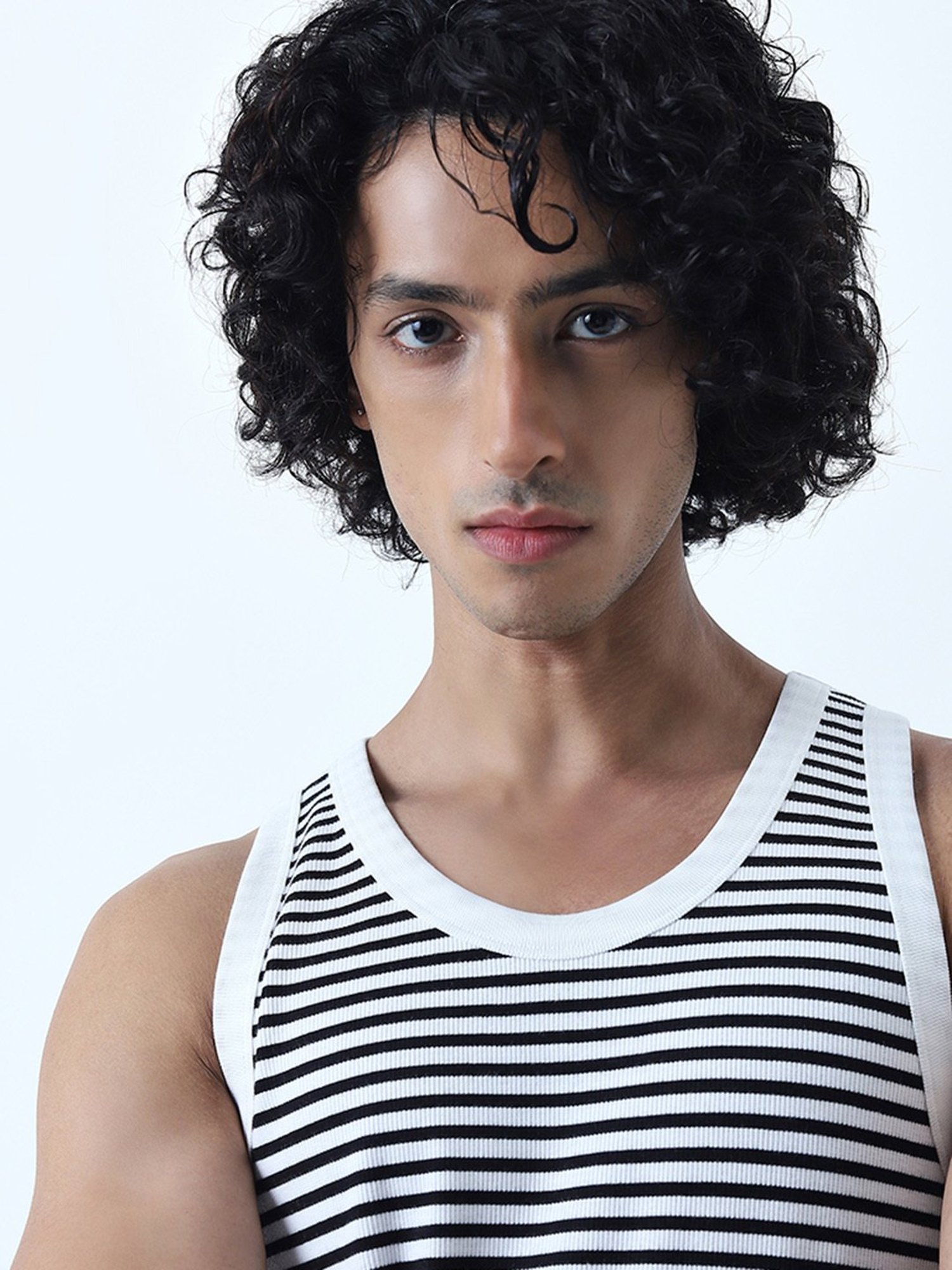 Nuon by Westside White & Black Striped Design Slim-Fit Cotton Vest