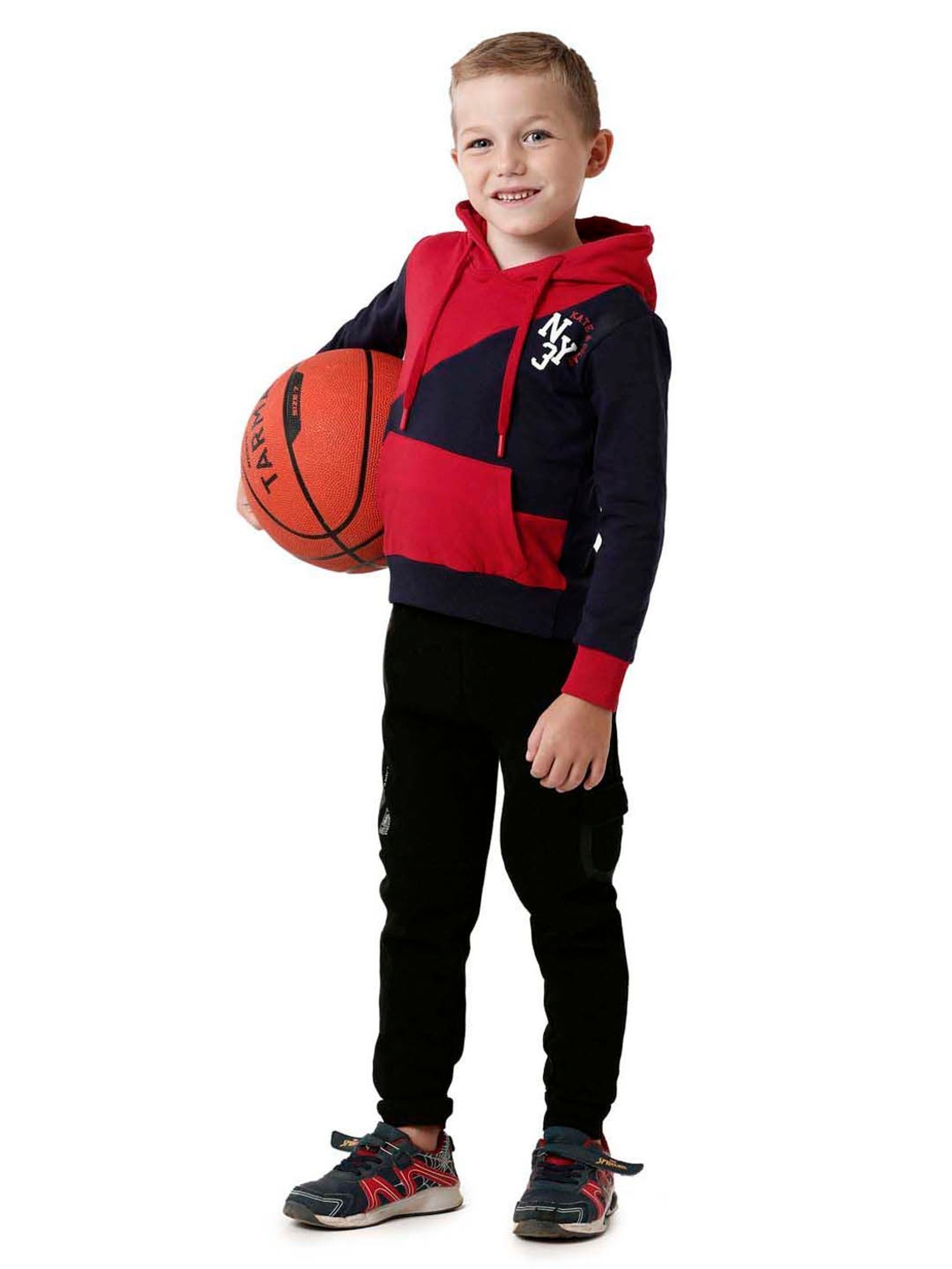 Kate & Oscar Kids Red & Navy Cotton Color Block Full Sleeves Sweatshirt