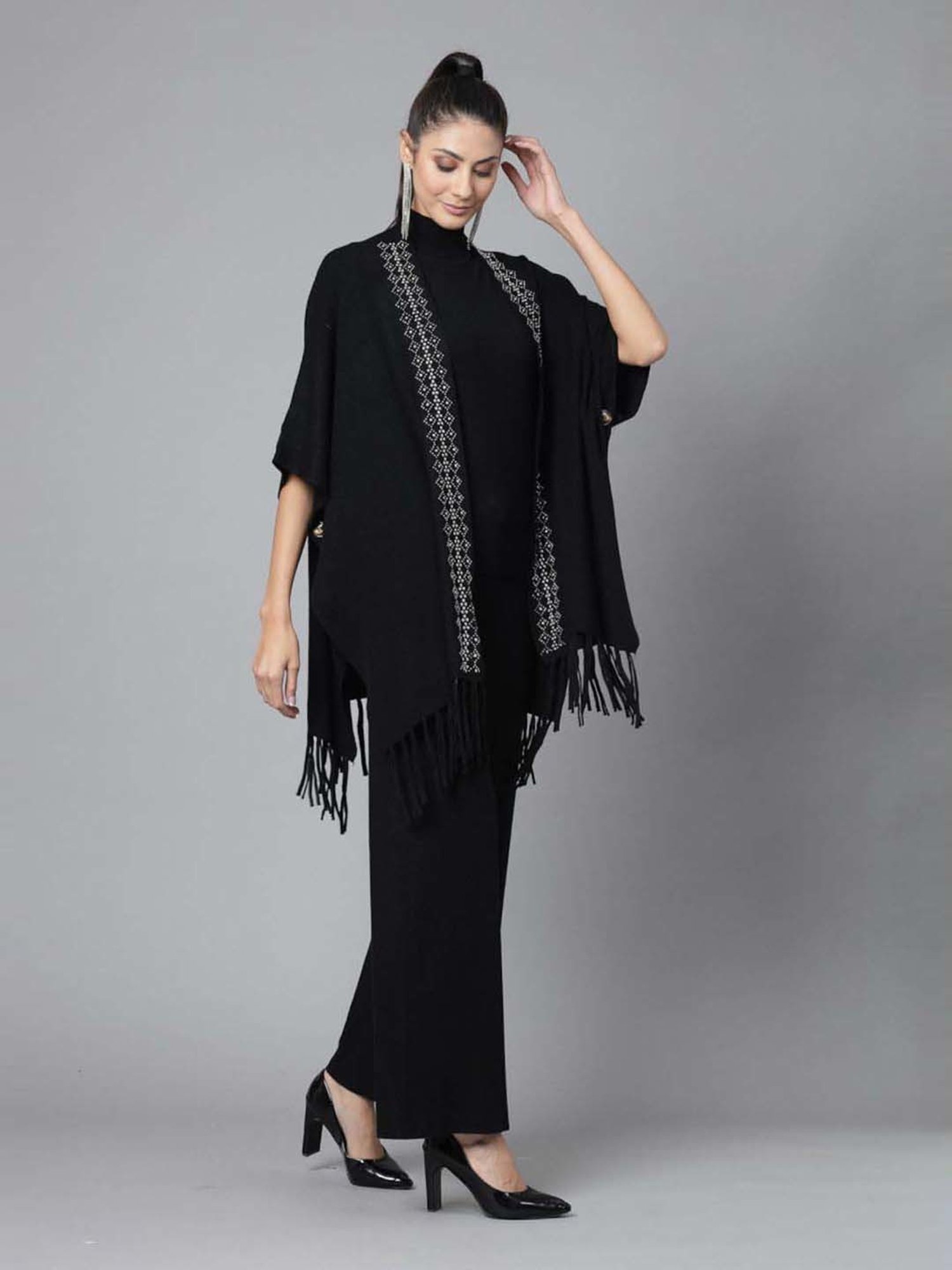 Mafadeny Black Embellished Top Pants Set With Shrug