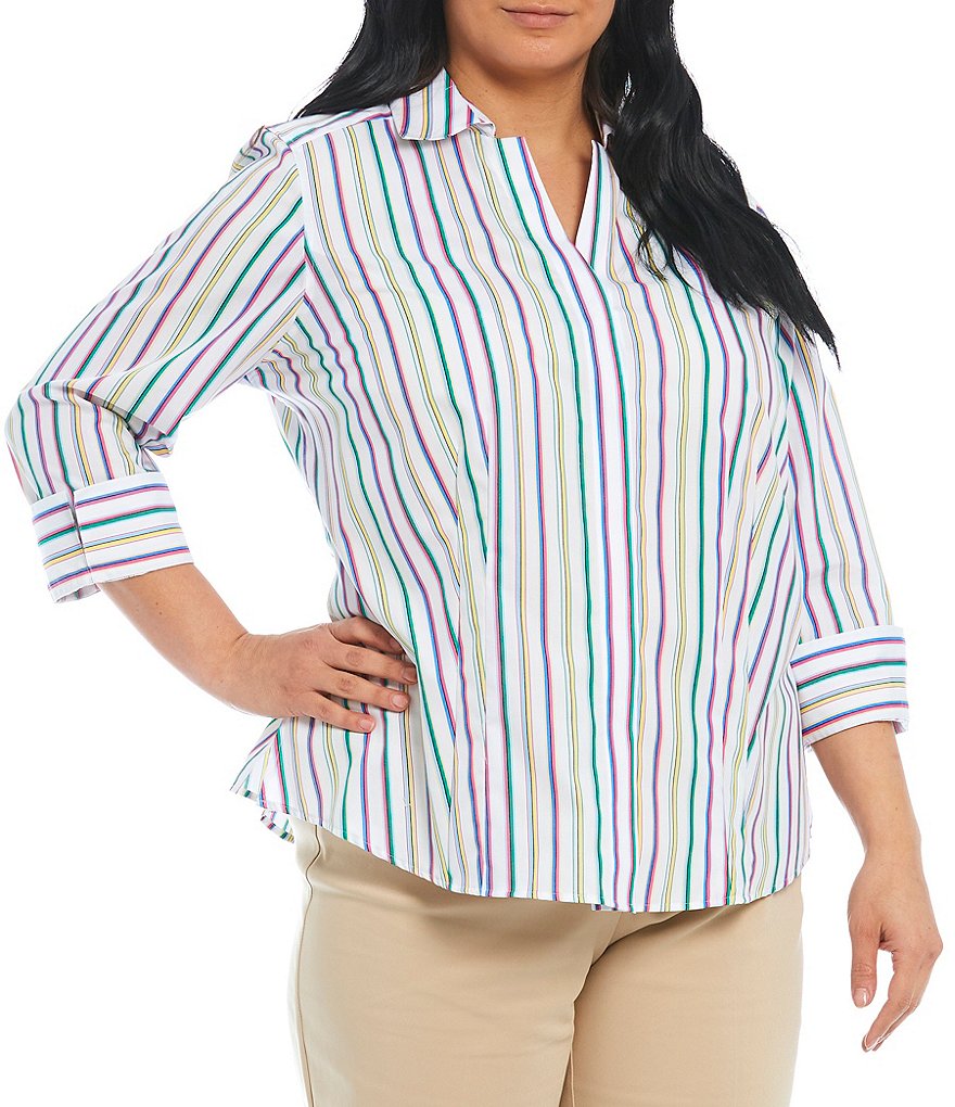 Investments Plus Size Taylor Gold Label Non-Iron Point Collar Y-Neck 3/4 Sleeve Button Front Striped Shirt